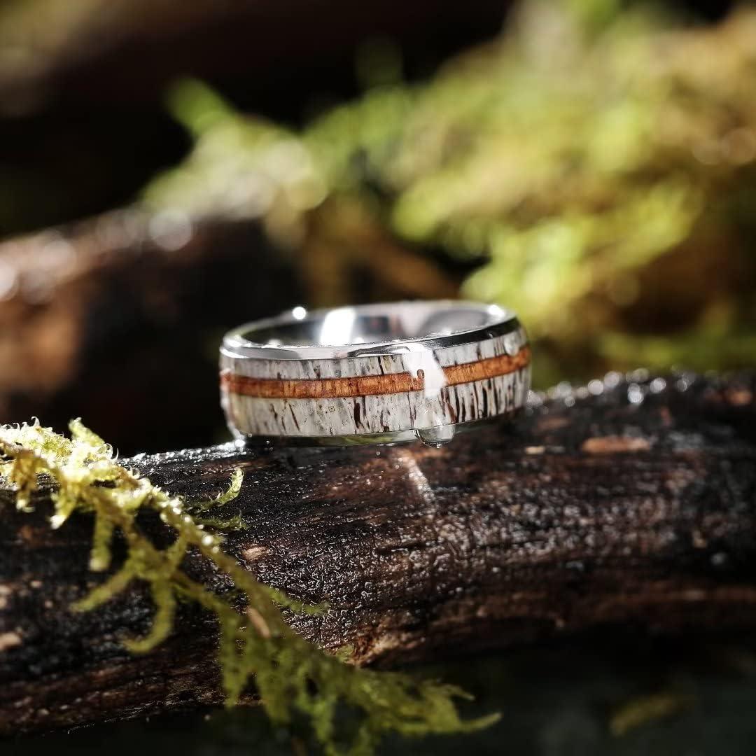 imageKing Will 8mm Black Titanium Ring Sapele Wood Antlers Inlay Wedding Ring High Polished for Women Men Comfort Fitsilver