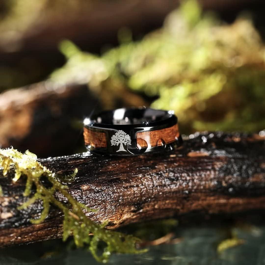 imageKing Will 8mm Black Titanium Ring Wood Inlaid Laser Tree Wedding Ring High Polished for Women Men Beveled Polished Edge 12