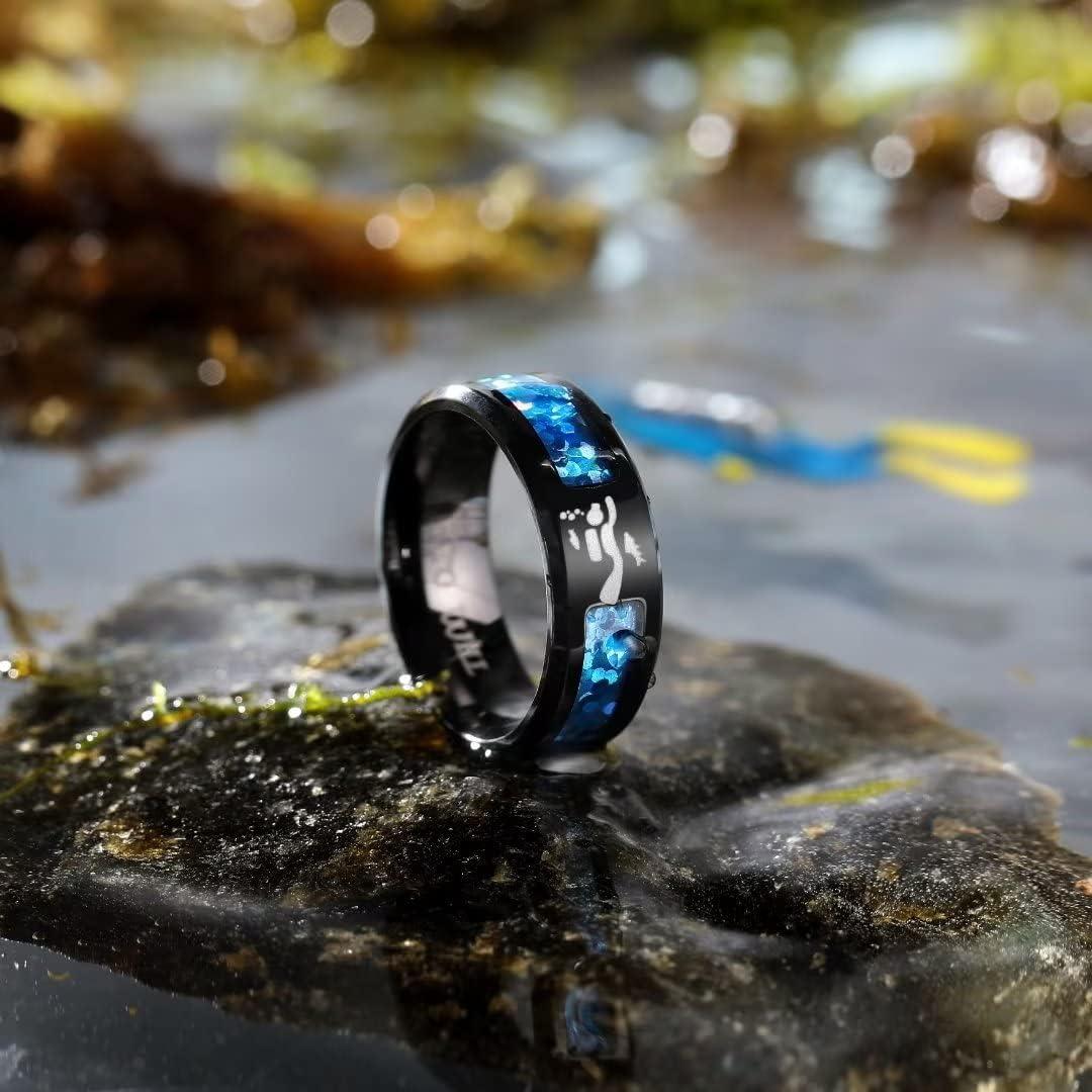 imageKing Will 8mm Black Titanium Ring WoodBlue Opal Inlaid Laser TreeDiver Wedding Ring High Polished for Women Men Beveled Polished EdgeBlue