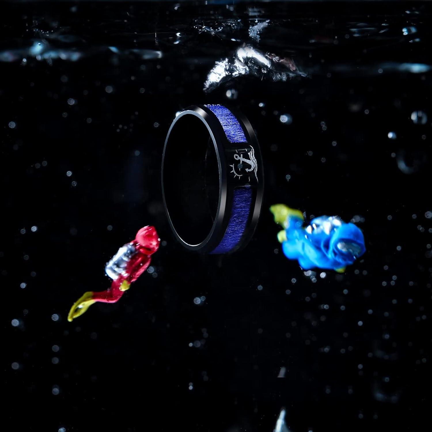 imageKing Will 8mm Black Titanium Ring WoodBlue Opal Inlaid Laser TreeDiver Wedding Ring High Polished for Women Men Beveled Polished EdgeBlue Maple