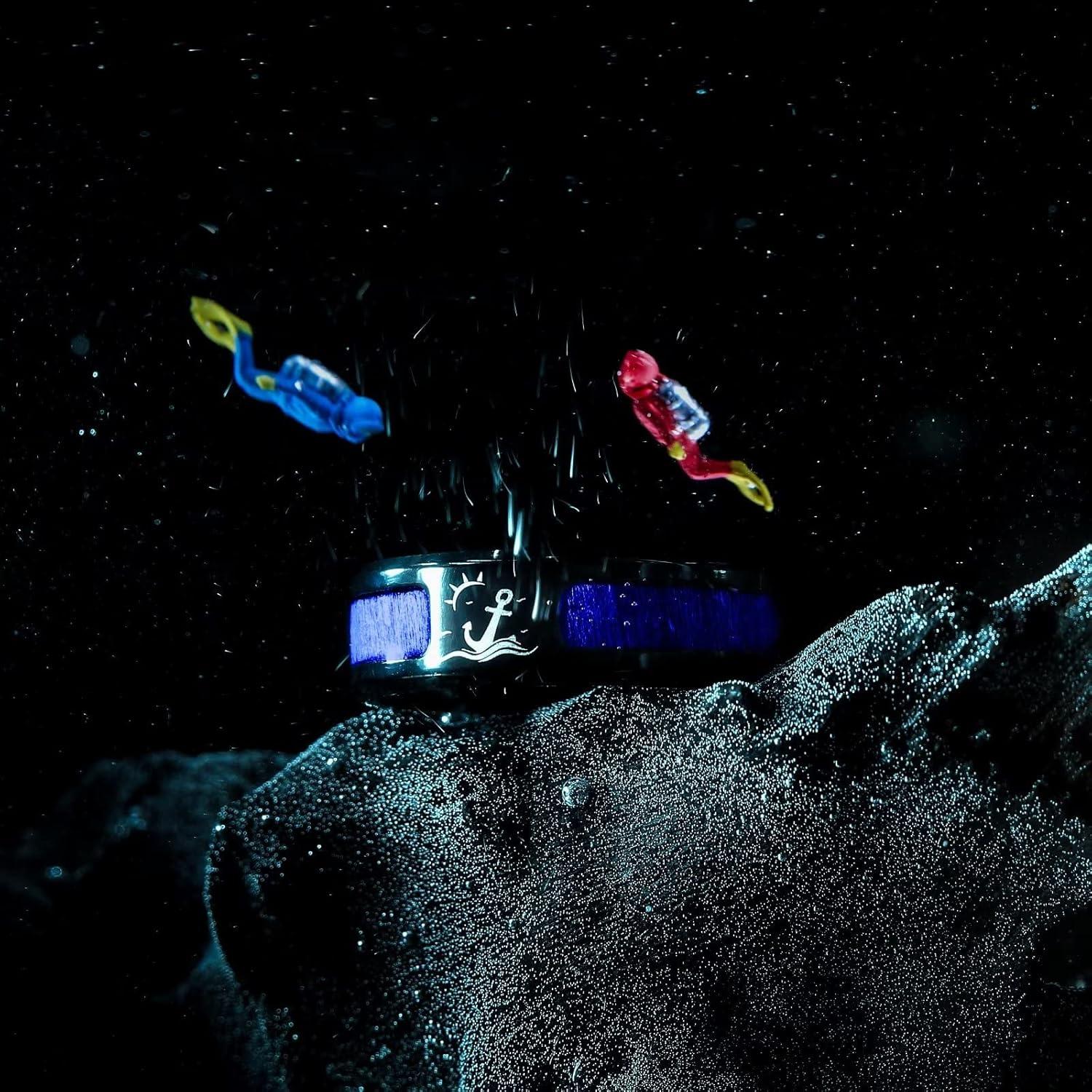 imageKing Will 8mm Black Titanium Ring WoodBlue Opal Inlaid Laser TreeDiver Wedding Ring High Polished for Women Men Beveled Polished EdgeBlue Maple