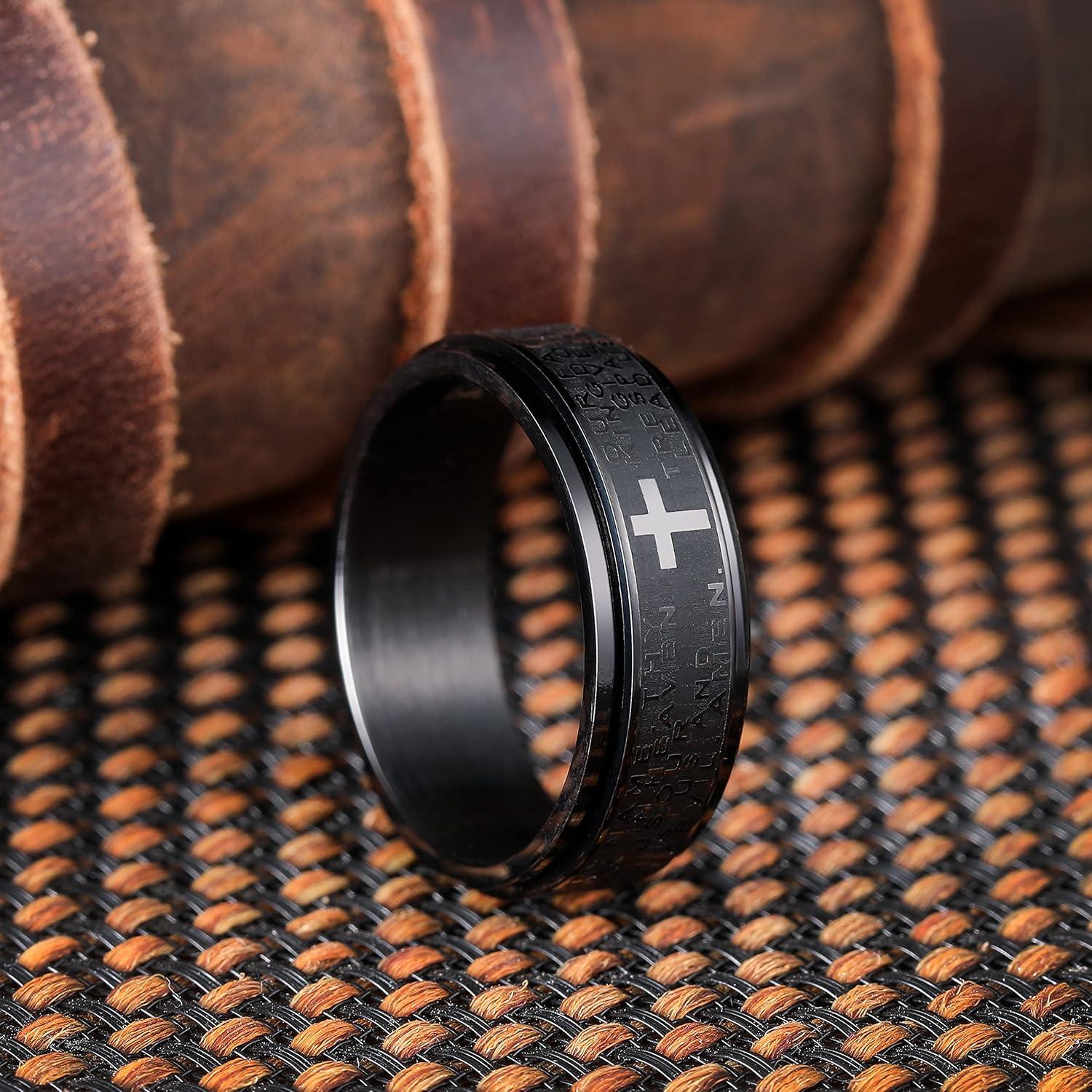 imageKing Will 8mm BlackGoldSilver Stainless Steel Ring Lords Prayer Rotatable Ring Men Wedding Band Rings Comfort FitBlack