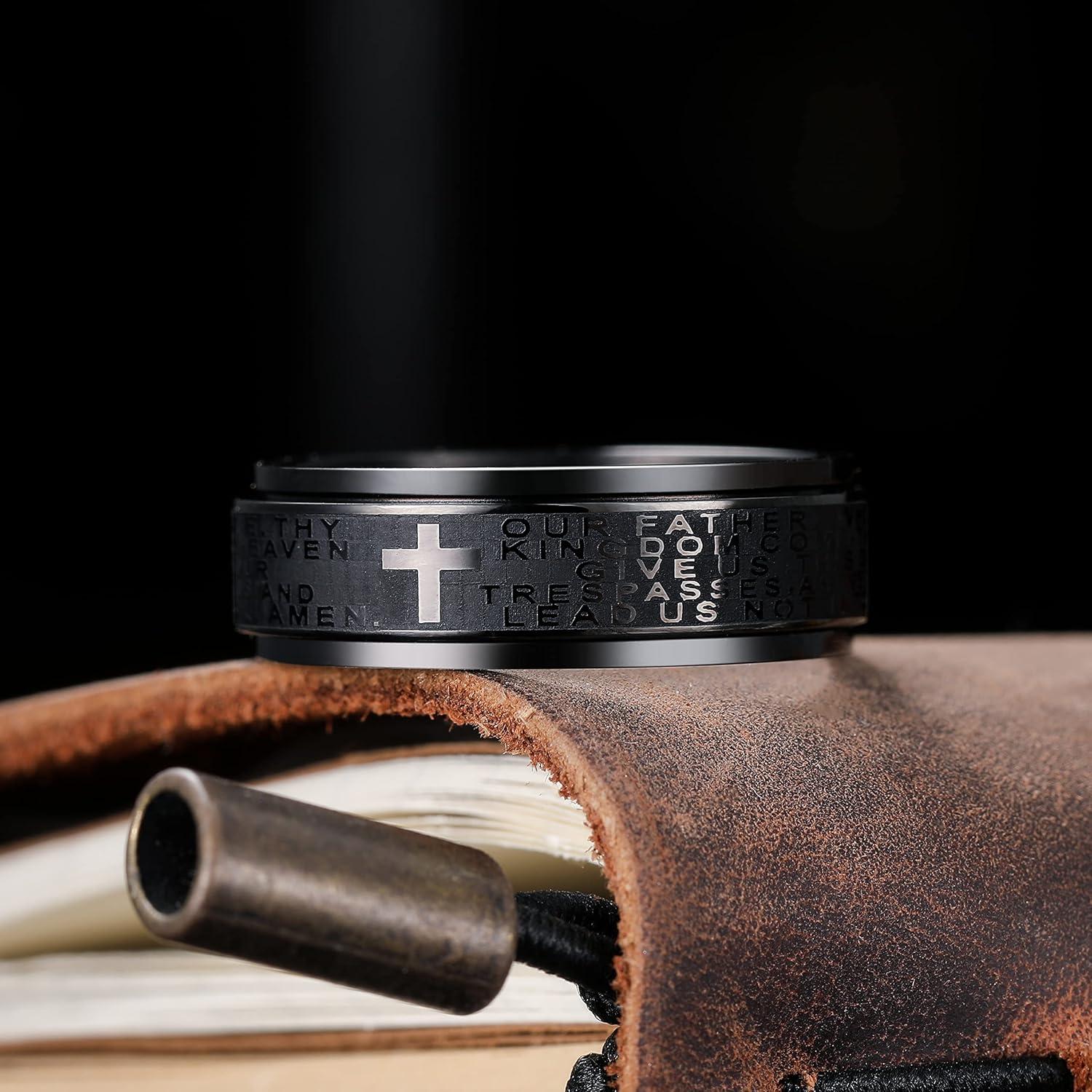 imageKing Will 8mm BlackGoldSilver Stainless Steel Ring Lords Prayer Rotatable Ring Men Wedding Band Rings Comfort FitBlack