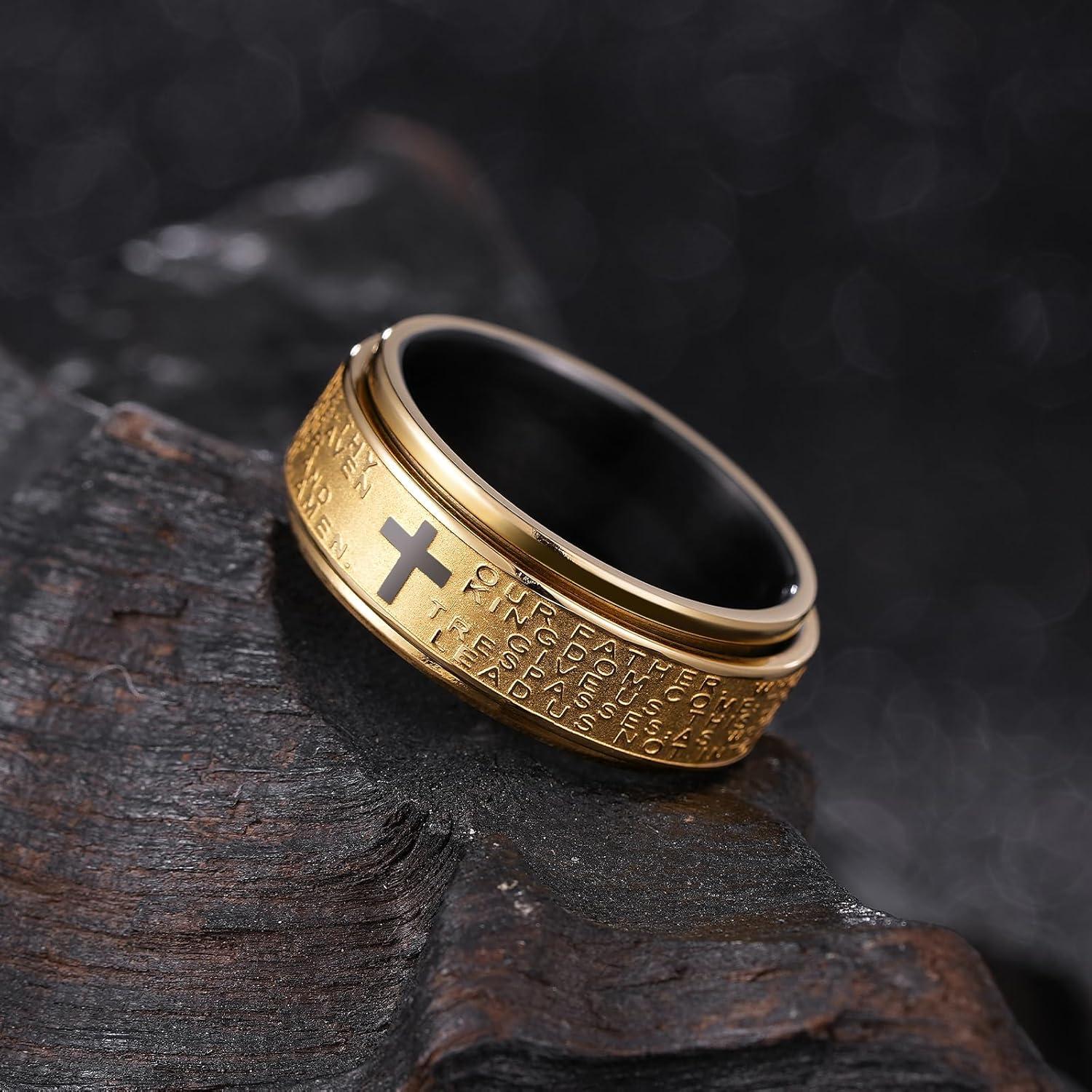imageKing Will 8mm BlackGoldSilver Stainless Steel Ring Lords Prayer Rotatable Ring Men Wedding Band Rings Comfort FitGold Black