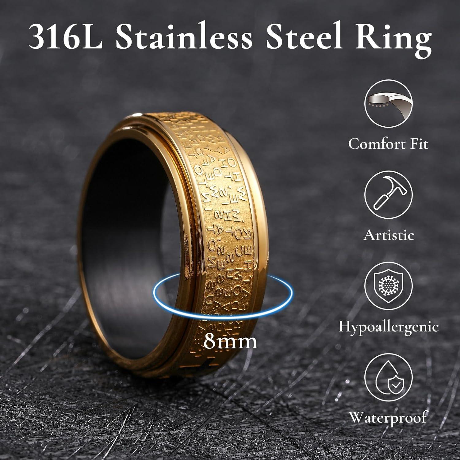 imageKing Will 8mm BlackGoldSilver Stainless Steel Ring Lords Prayer Rotatable Ring Men Wedding Band Rings Comfort FitGold Black