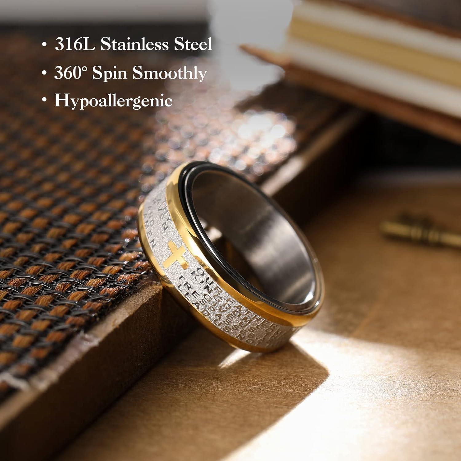 imageKing Will 8mm BlackGoldSilver Stainless Steel Ring Lords Prayer Rotatable Ring Men Wedding Band Rings Comfort FitGold Silver