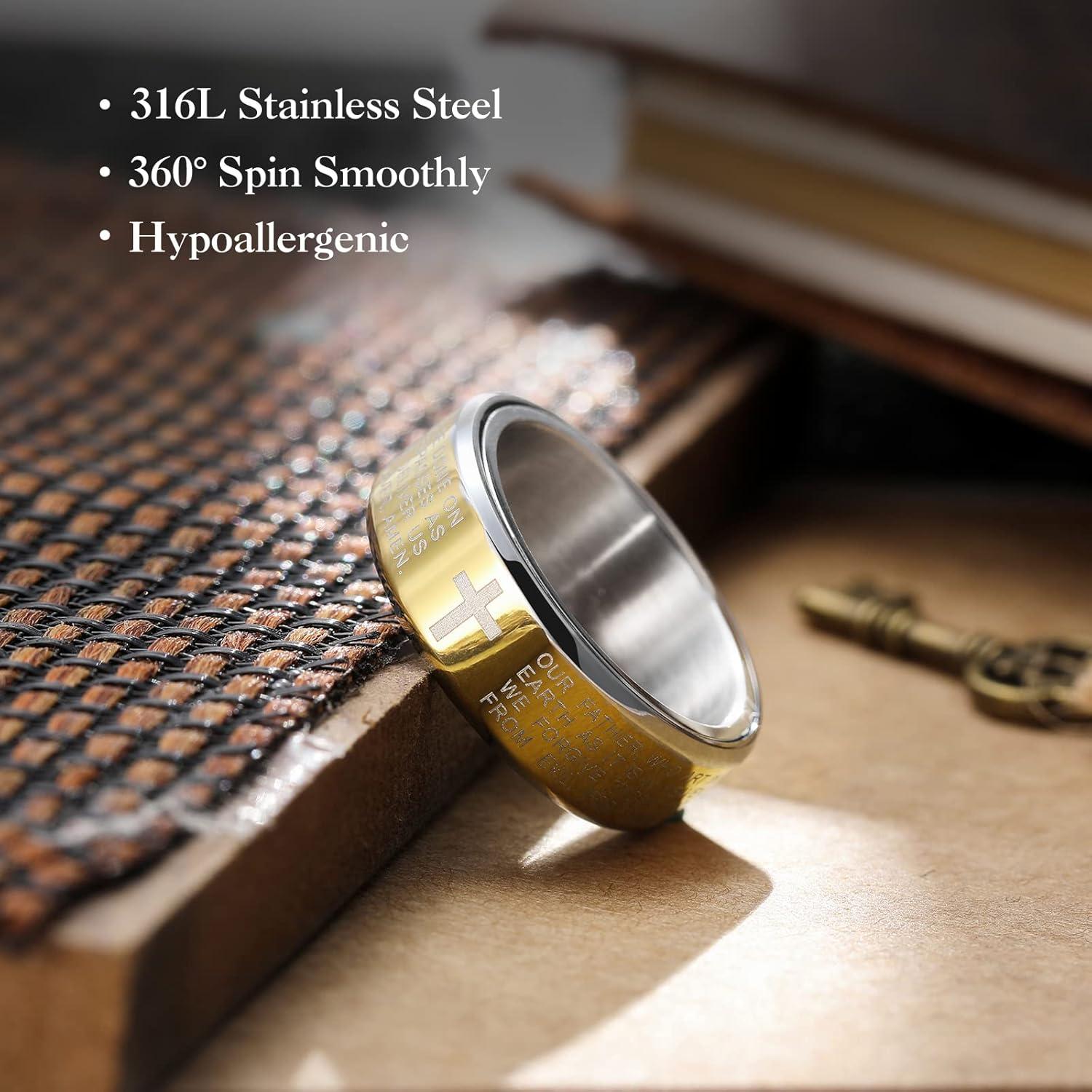 imageKing Will 8mm BlackGoldSilver Stainless Steel Ring Lords Prayer Rotatable Ring Men Wedding Band Rings Comfort FitSilver Yellow