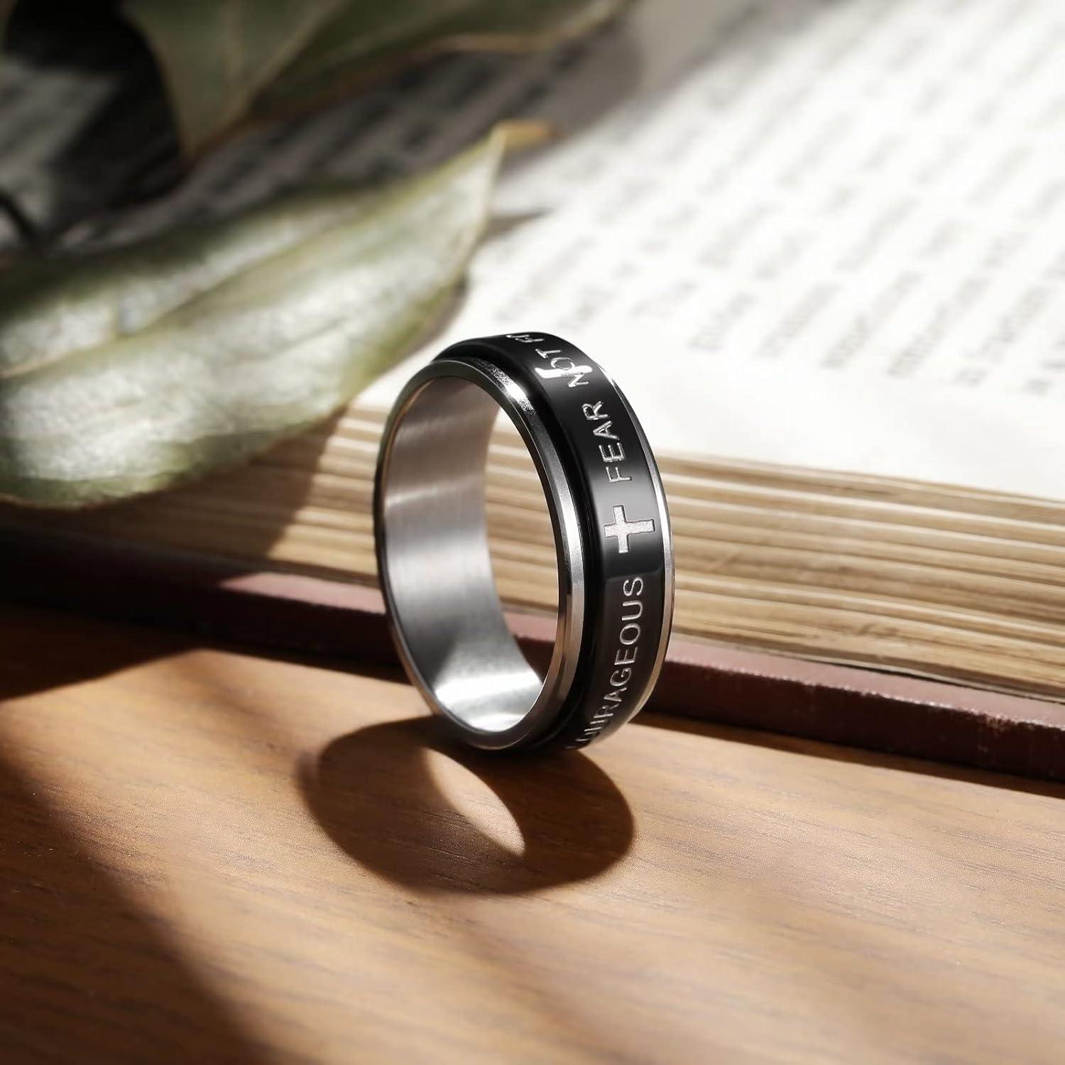 imageKing Will 8mm BlackGoldSilver Stainless Steel Ring Lords Prayer Rotatable Ring Men Wedding Band Rings Comfort Fitcross black silver