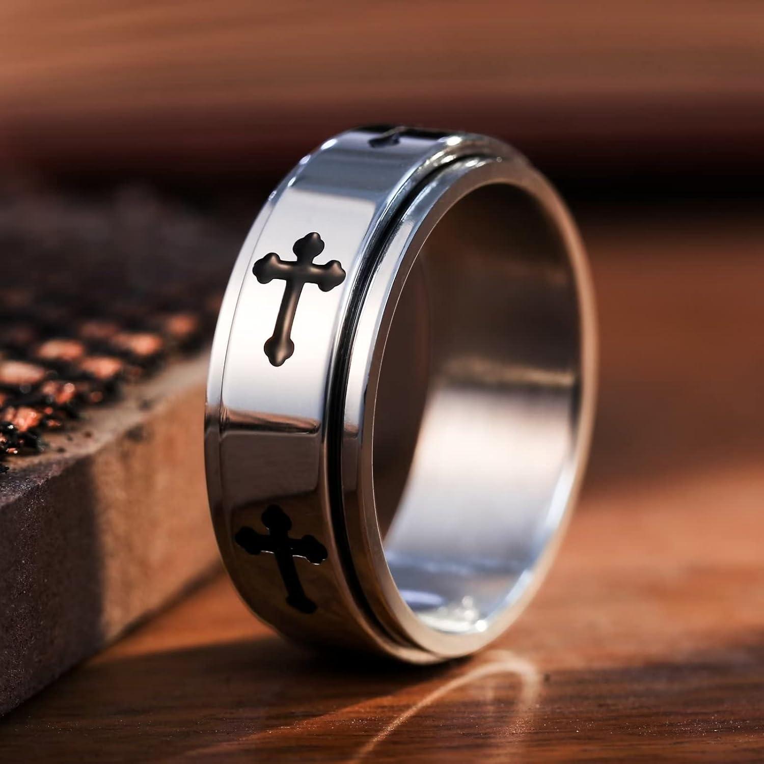 imageKing Will 8mm BlackGoldSilver Stainless Steel Ring Lords Prayer Rotatable Ring Men Wedding Band Rings Comfort Fitcross silver