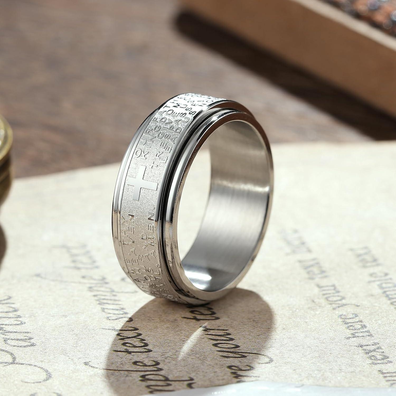 imageKing Will 8mm BlackGoldSilver Stainless Steel Ring Lords Prayer Rotatable Ring Men Wedding Band Rings Comfort Fitsilver