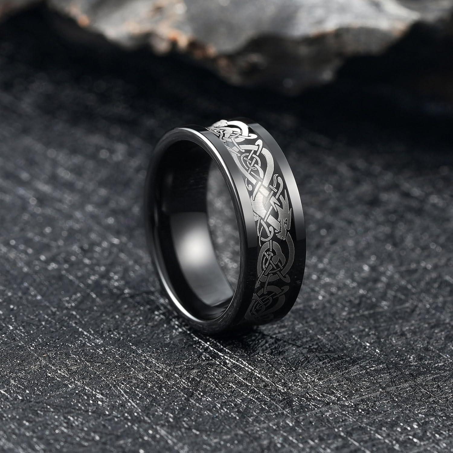 imageKing Will 8mm BlackSilverBlue Mens Tungsten Carbide Ring Laser Celtic KnotWolf HeadDragon Polish Edge Wedding Band Comfort FitBlack Celtic Dragon