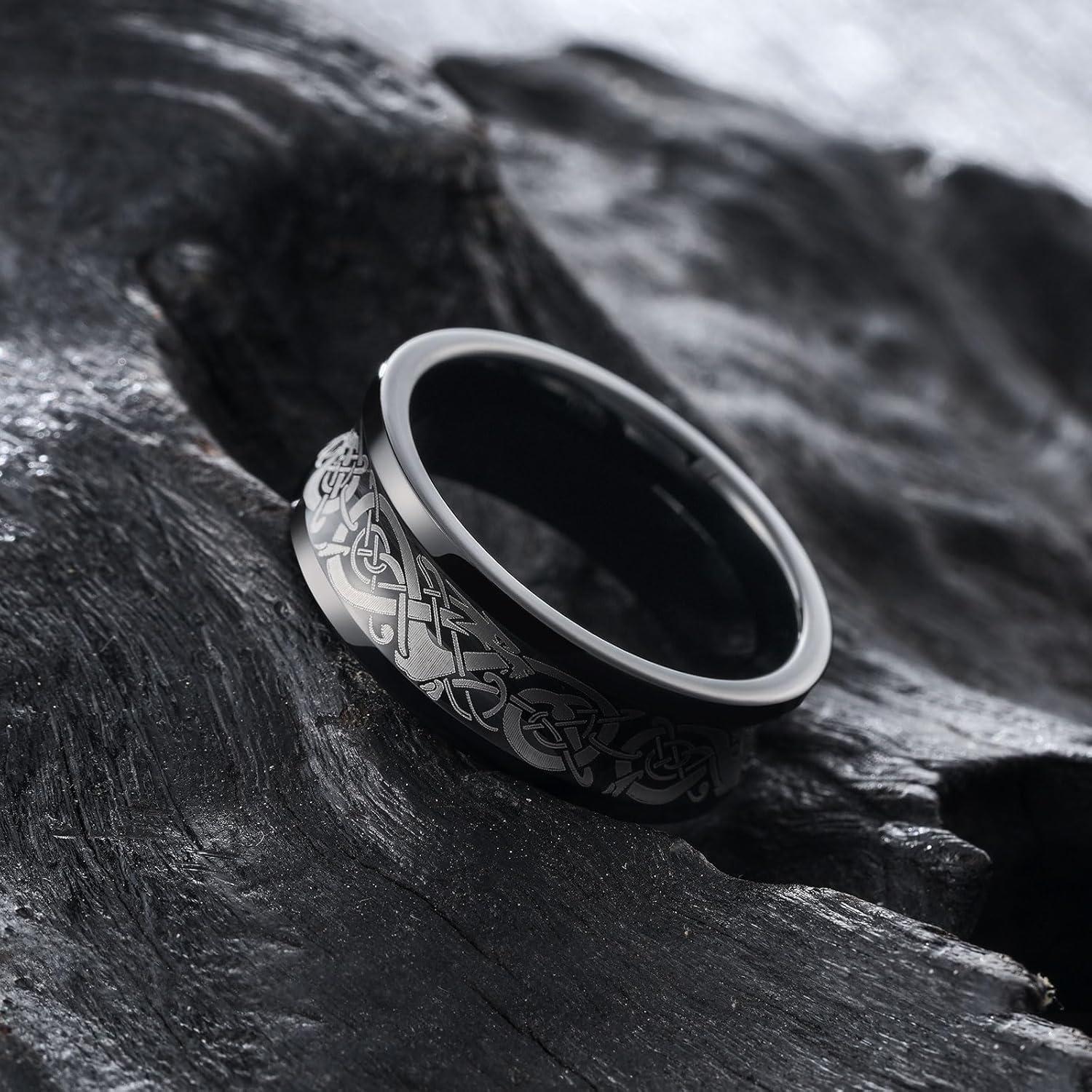 imageKing Will 8mm BlackSilverBlue Mens Tungsten Carbide Ring Laser Celtic KnotWolf HeadDragon Polish Edge Wedding Band Comfort FitBlack Celtic Dragon
