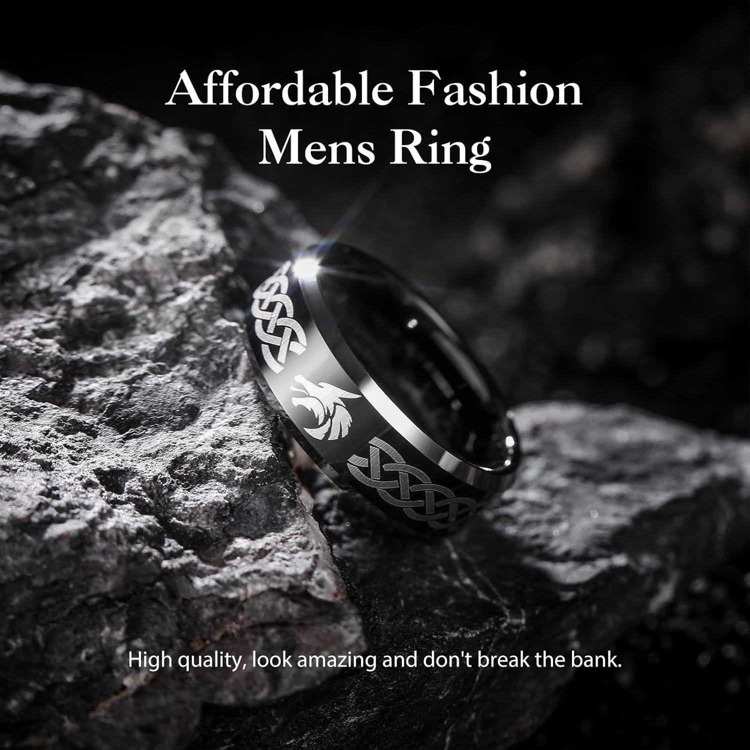 imageKing Will 8mm BlackSilverBlue Mens Tungsten Carbide Ring Laser Celtic KnotWolf HeadDragon Polish Edge Wedding Band Comfort FitBlack Wolf