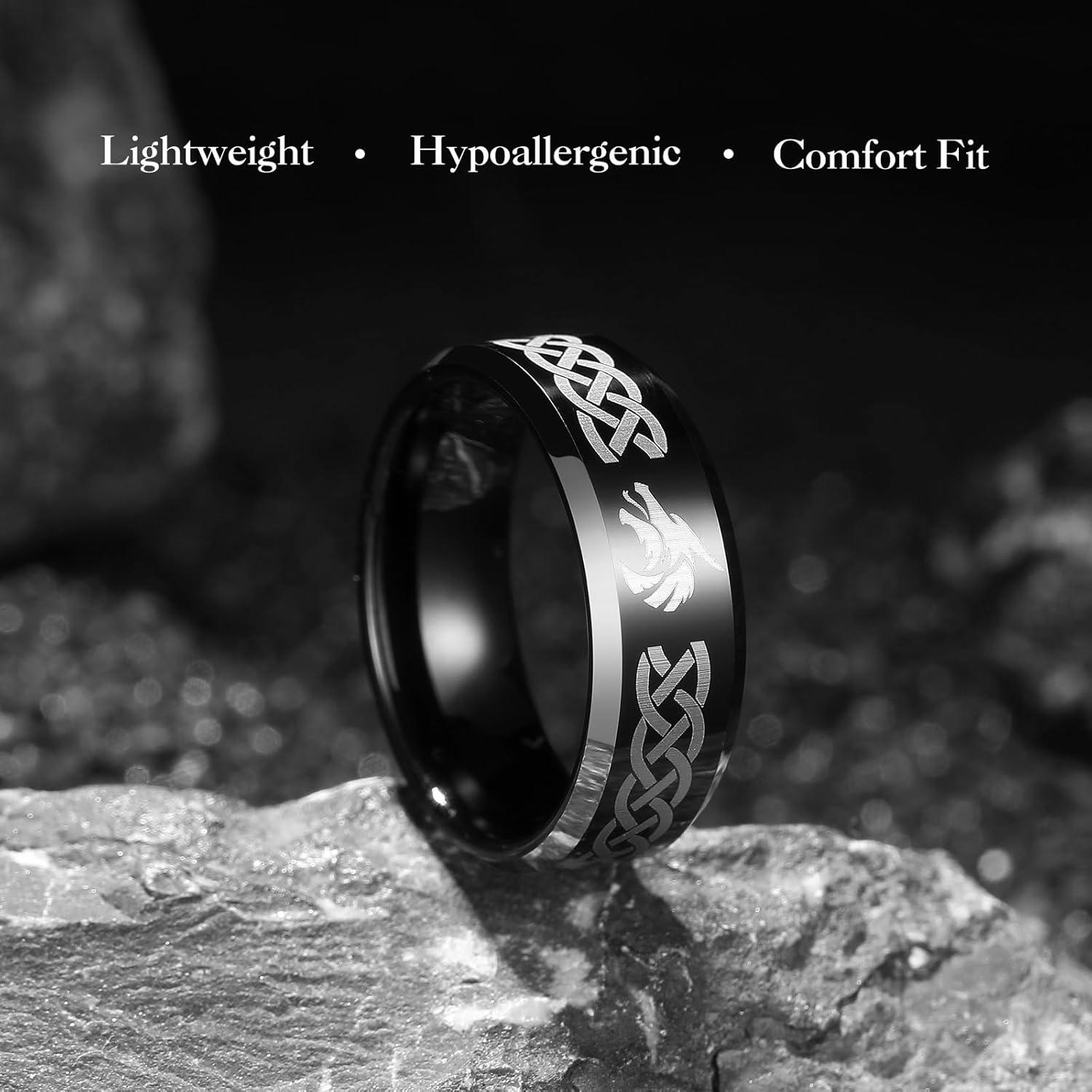 imageKing Will 8mm BlackSilverBlue Mens Tungsten Carbide Ring Laser Celtic KnotWolf HeadDragon Polish Edge Wedding Band Comfort FitBlack Wolf