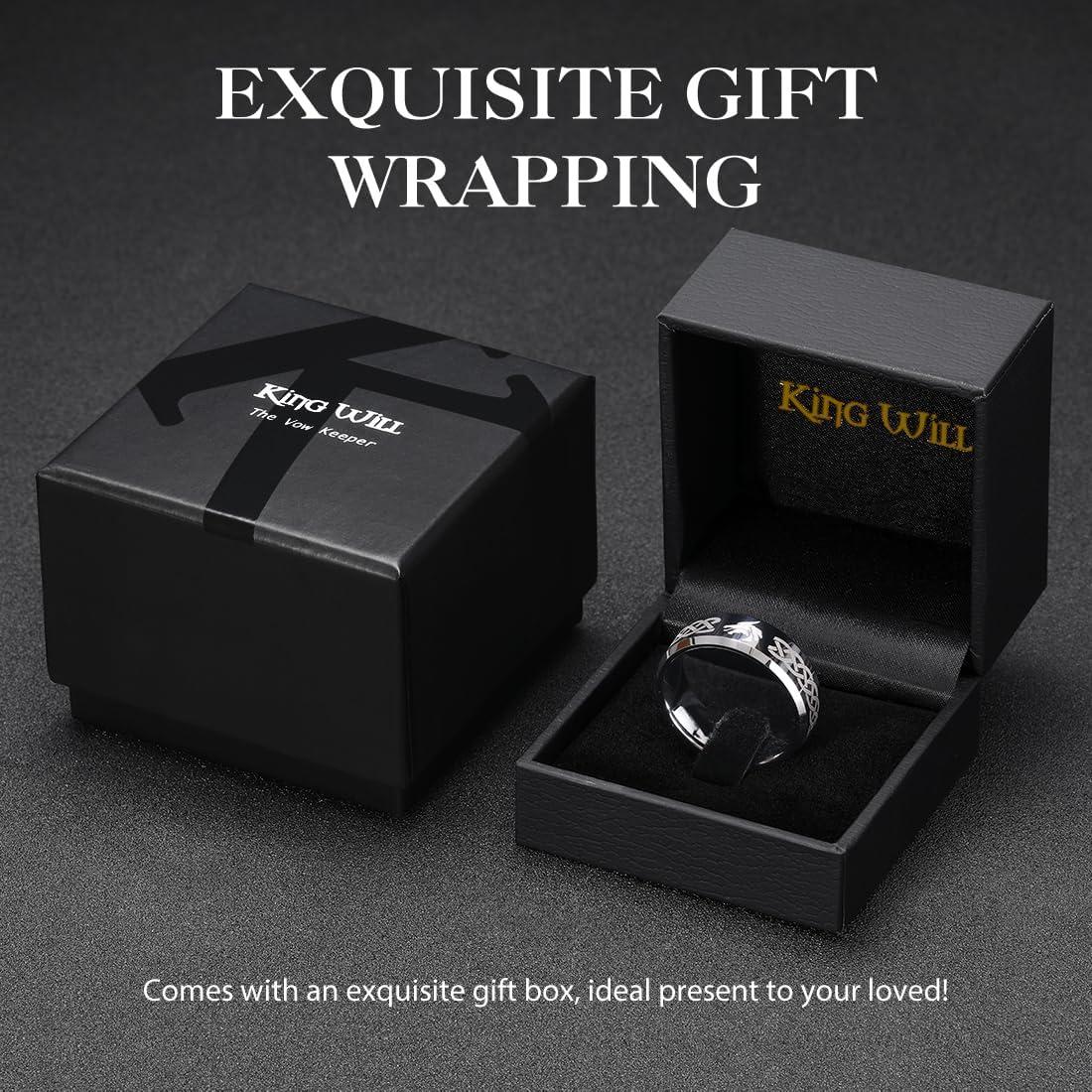 imageKing Will 8mm BlackSilverBlue Mens Tungsten Carbide Ring Laser Celtic KnotWolf HeadDragon Polish Edge Wedding Band Comfort FitBlack Wolf