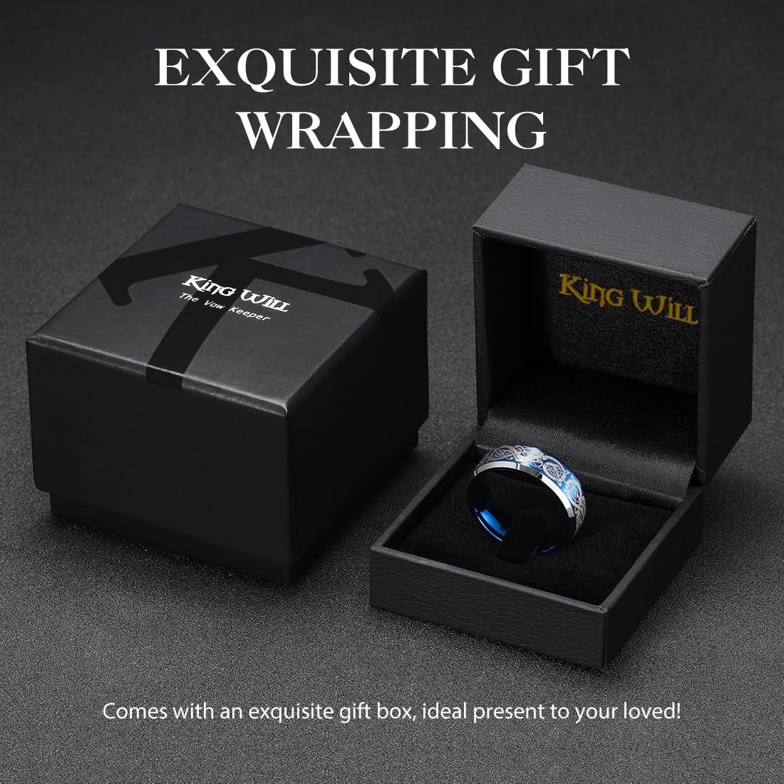 imageKing Will 8mm BlackSilverBlue Mens Tungsten Carbide Ring Laser Celtic KnotWolf HeadDragon Polish Edge Wedding Band Comfort FitBlue Silver Laser