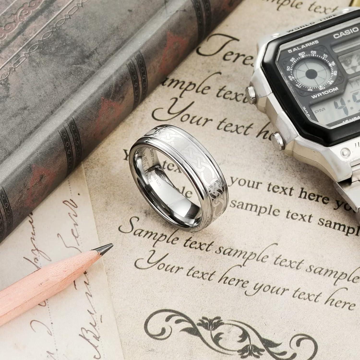 imageKing Will 8mm BlackSilverBlue Mens Tungsten Carbide Ring Laser Celtic KnotWolf HeadDragon Polish Edge Wedding Band Comfort FitCeltic Knot