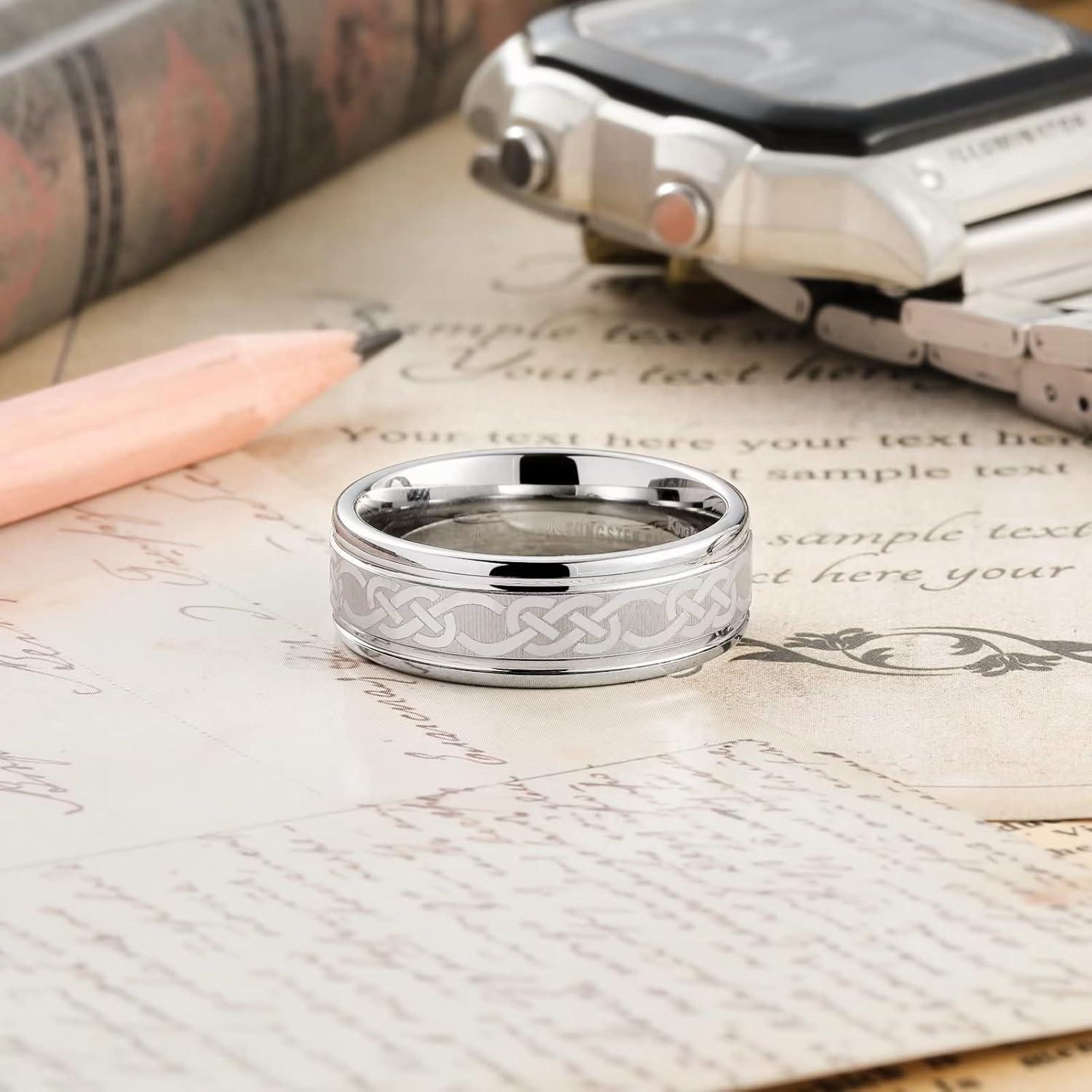 imageKing Will 8mm BlackSilverBlue Mens Tungsten Carbide Ring Laser Celtic KnotWolf HeadDragon Polish Edge Wedding Band Comfort FitCeltic Knot