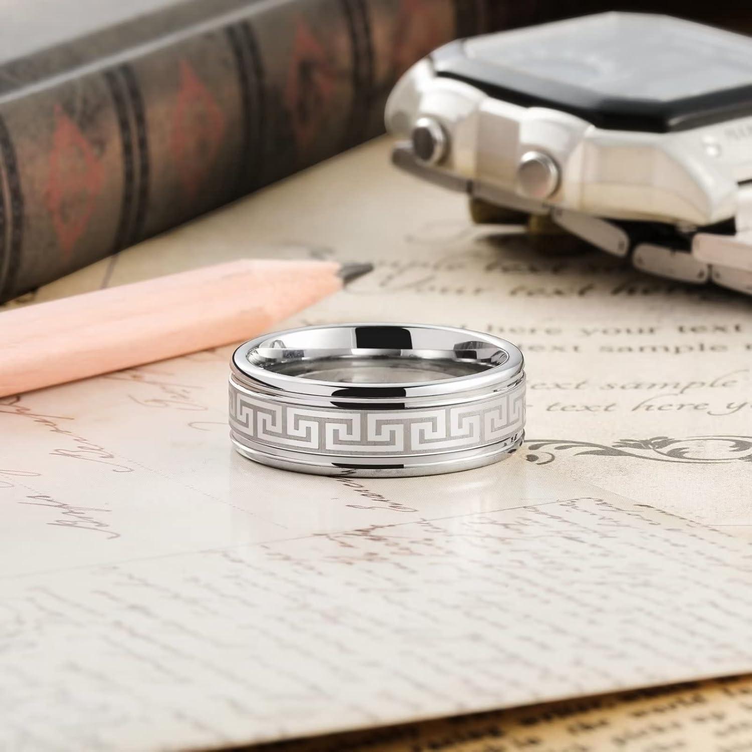 imageKing Will 8mm BlackSilverBlue Mens Tungsten Carbide Ring Laser Celtic KnotWolf HeadDragon Polish Edge Wedding Band Comfort FitGreek Key