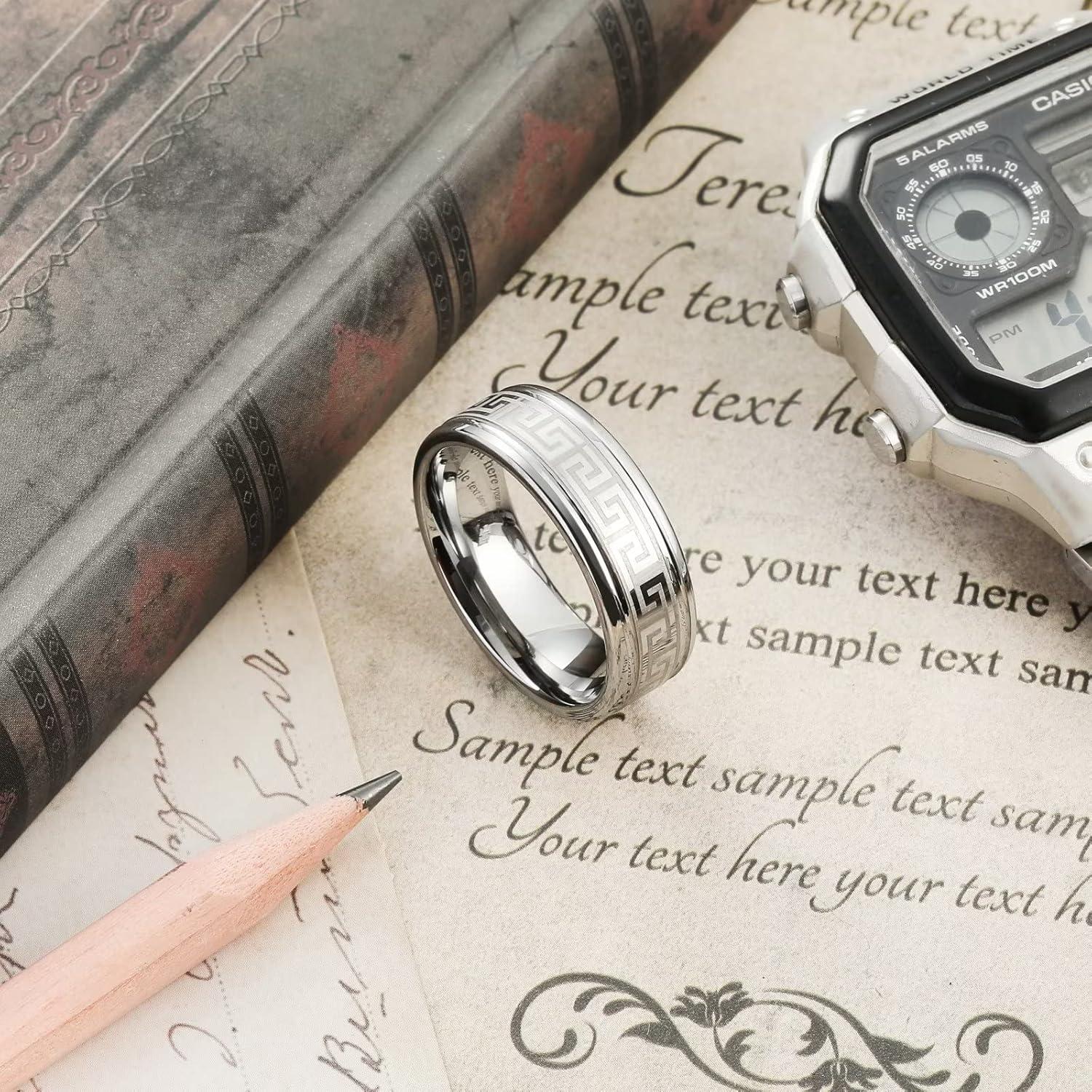 imageKing Will 8mm BlackSilverBlue Mens Tungsten Carbide Ring Laser Celtic KnotWolf HeadDragon Polish Edge Wedding Band Comfort FitGreek Key