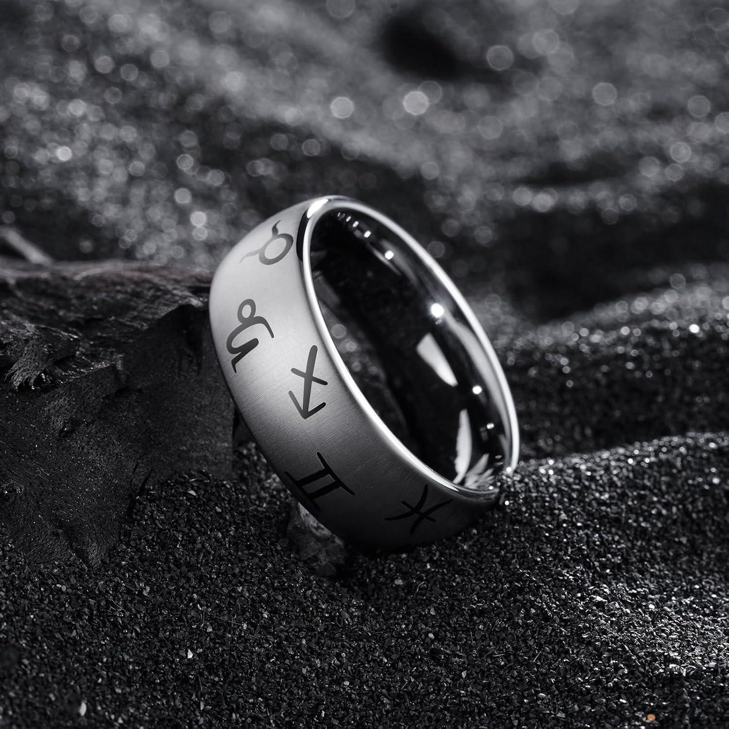 imageKing Will 8mm BlackSilverBlue Mens Tungsten Carbide Ring Laser Celtic KnotWolf HeadDragon Polish Edge Wedding Band Comfort FitSilver Zodiac Symbols