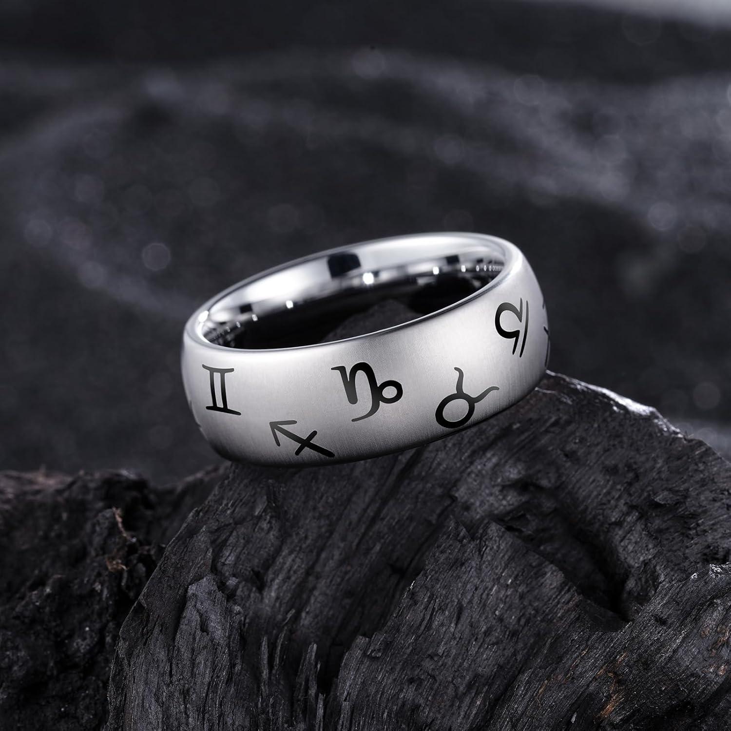 imageKing Will 8mm BlackSilverBlue Mens Tungsten Carbide Ring Laser Celtic KnotWolf HeadDragon Polish Edge Wedding Band Comfort FitSilver Zodiac Symbols