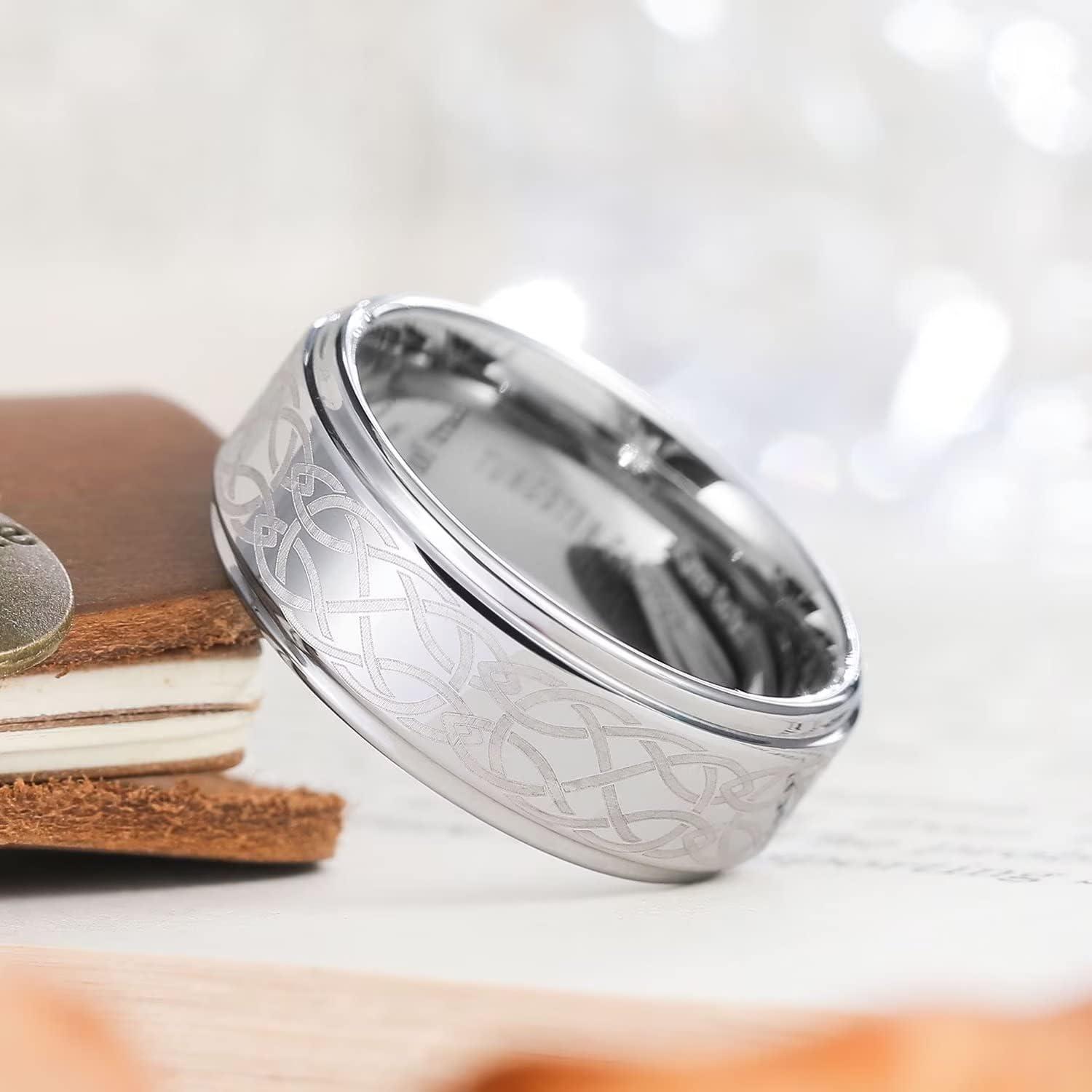 imageKing Will 8mm BlackSilverBlue Mens Tungsten Carbide Ring Laser Celtic KnotWolf HeadDragon Polish Edge Wedding Band Comfort FitSilver