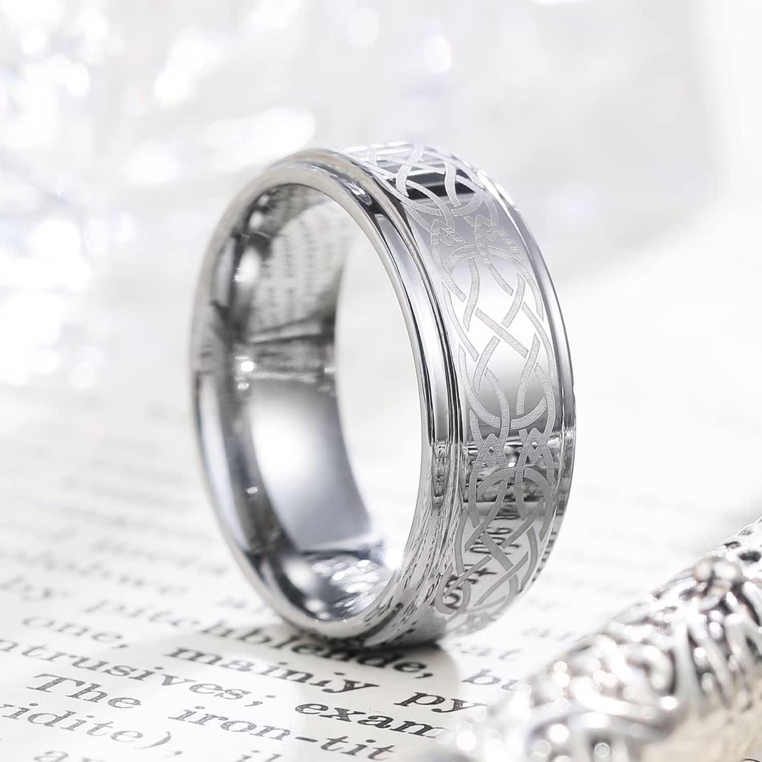 imageKing Will 8mm BlackSilverBlue Mens Tungsten Carbide Ring Laser Celtic KnotWolf HeadDragon Polish Edge Wedding Band Comfort FitSilver