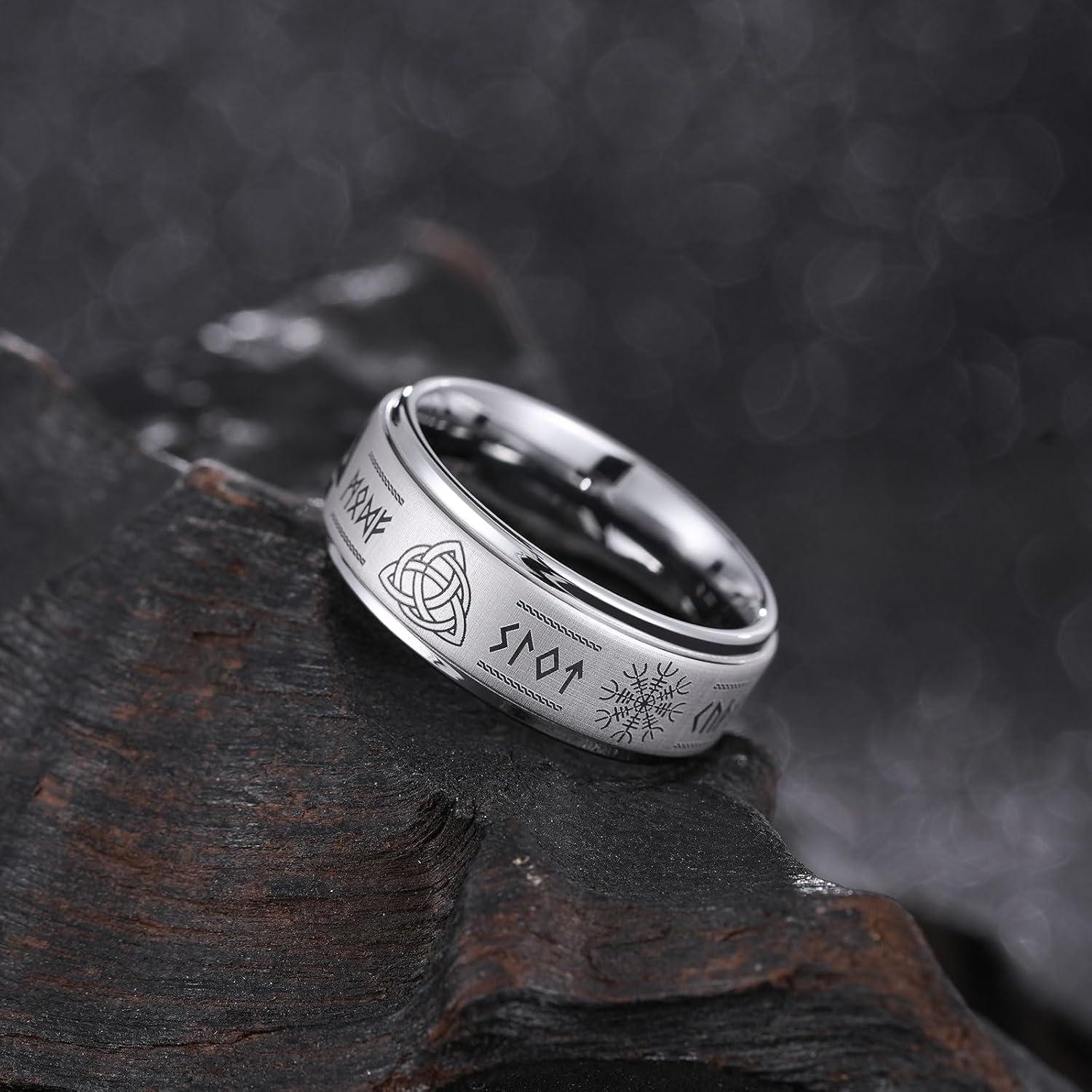 imageKing Will 8mm BlackSilverBlue Mens Tungsten Carbide Ring Laser Celtic KnotWolf HeadDragon Polish Edge Wedding Band Comfort FitSilver Brushed 8mm