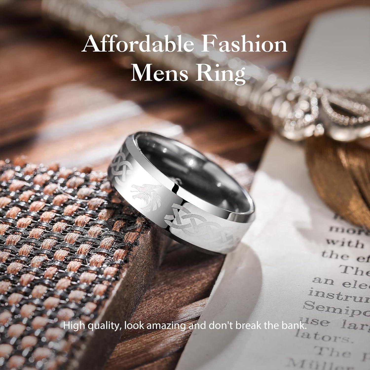 imageKing Will 8mm BlackSilverBlue Mens Tungsten Carbide Ring Laser Celtic KnotWolf HeadDragon Polish Edge Wedding Band Comfort FitSilver Wolf