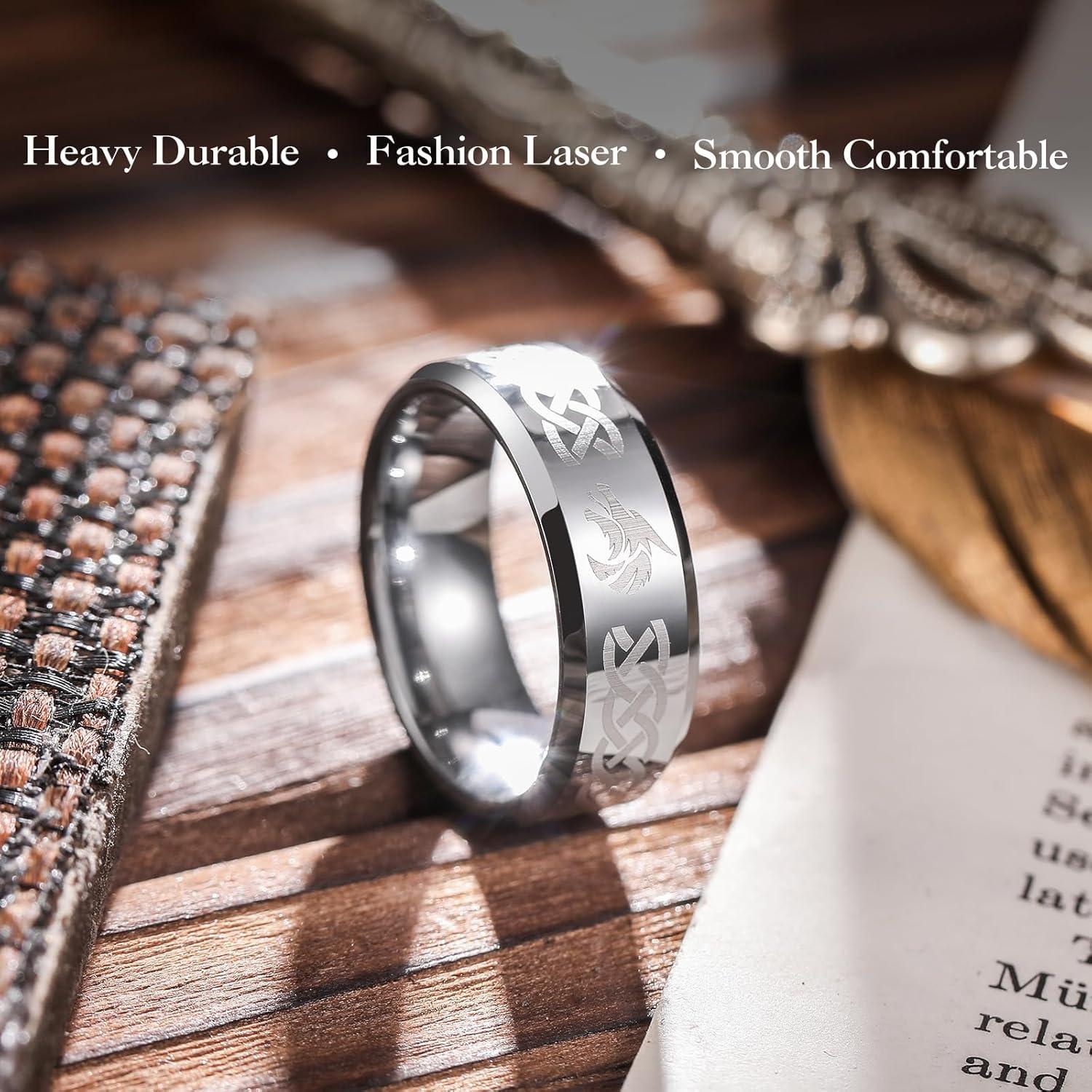 imageKing Will 8mm BlackSilverBlue Mens Tungsten Carbide Ring Laser Celtic KnotWolf HeadDragon Polish Edge Wedding Band Comfort FitSilver Wolf