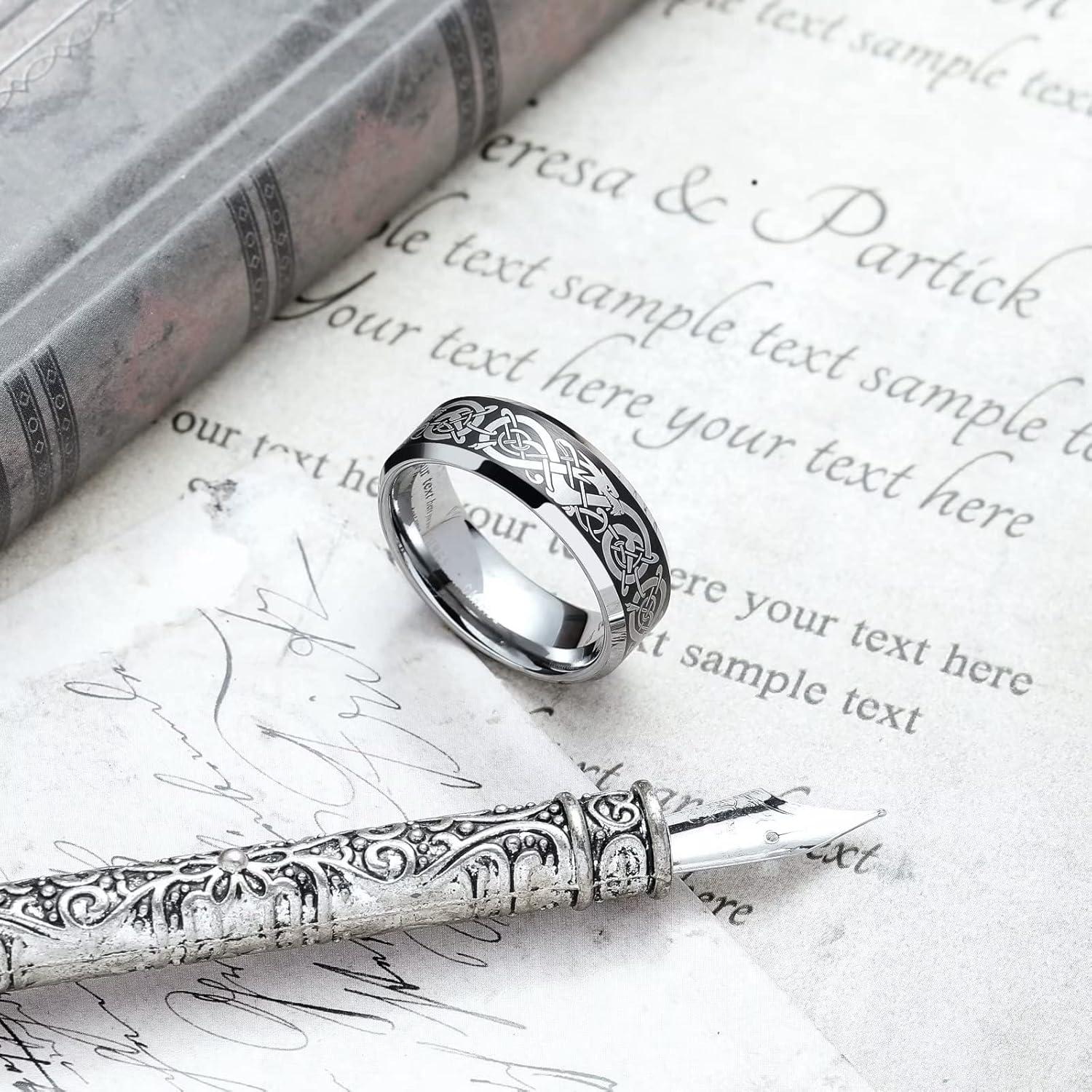 imageKing Will 8mm BlackSilverBlue Mens Tungsten Carbide Ring Laser Celtic KnotWolf HeadDragon Polish Edge Wedding Band Comfort Fitsilverblack