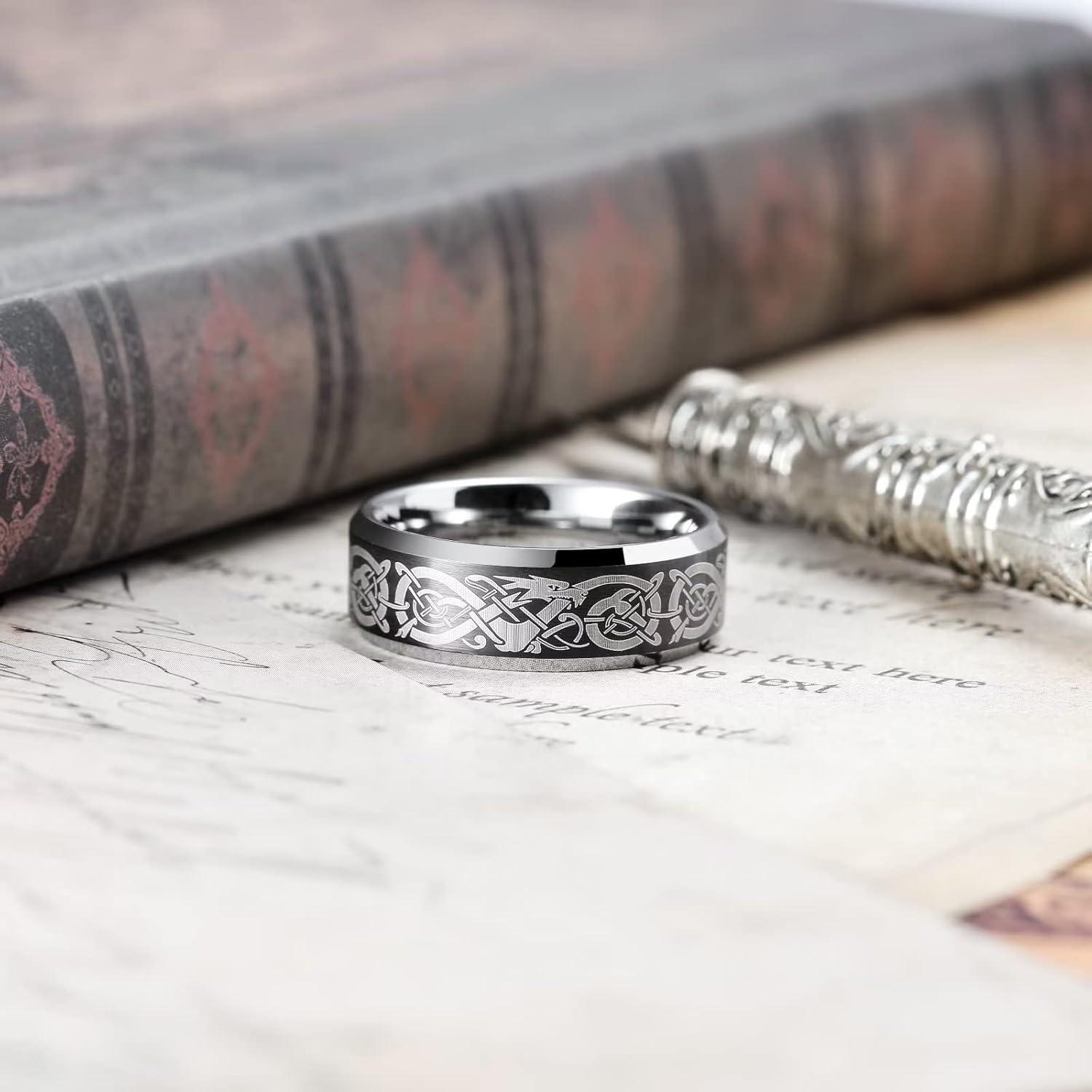imageKing Will 8mm BlackSilverBlue Mens Tungsten Carbide Ring Laser Celtic KnotWolf HeadDragon Polish Edge Wedding Band Comfort Fitsilverblack