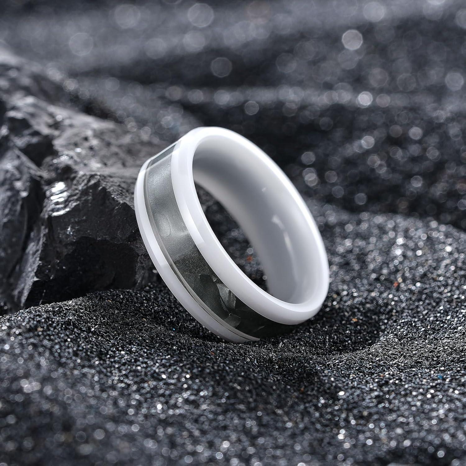 imageKing Will 8mm Ceramic Ring Opal Shell Inlay Wedding Band Beveled Edge Promise Rings Comfort Fit Size 714White