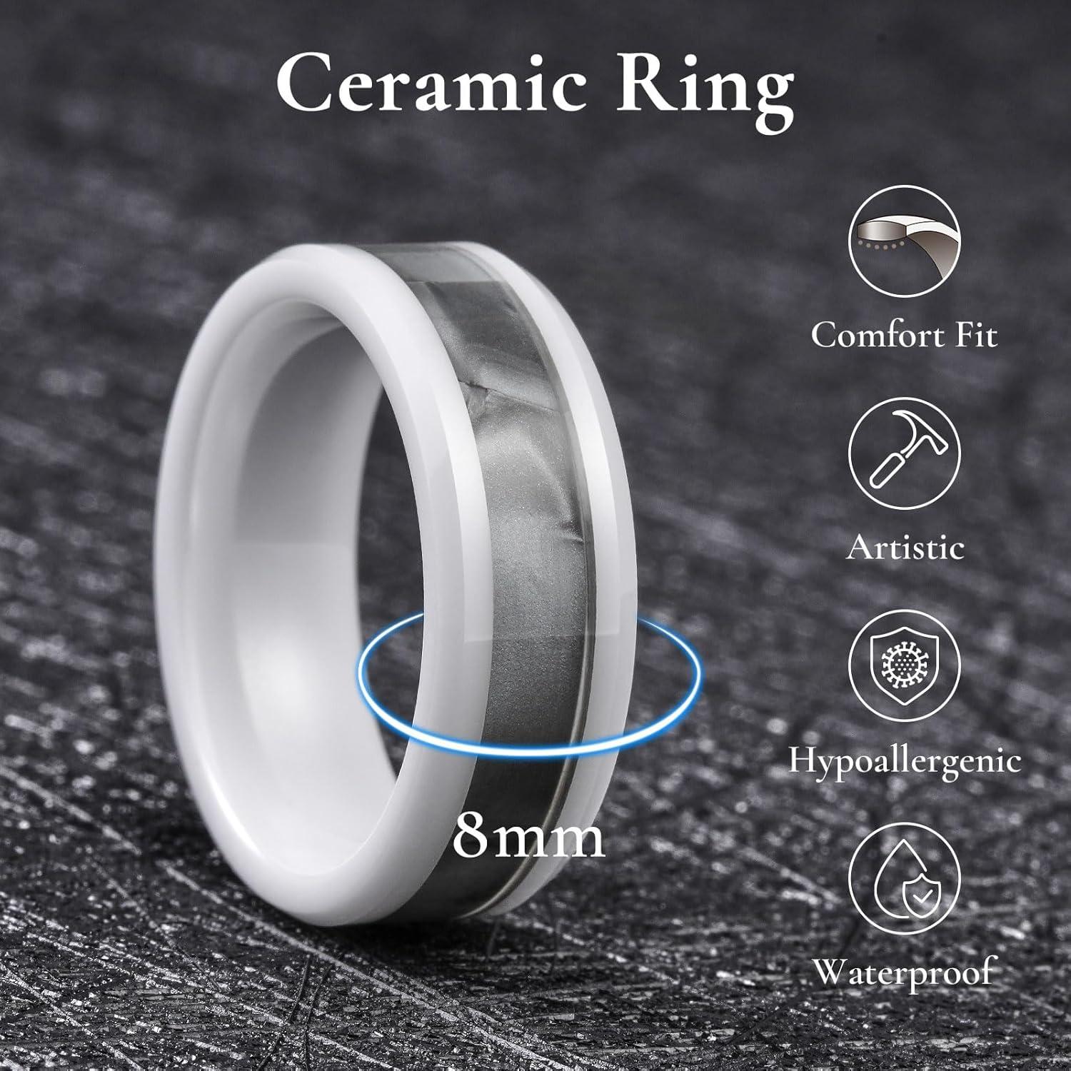 imageKing Will 8mm Ceramic Ring Opal Shell Inlay Wedding Band Beveled Edge Promise Rings Comfort Fit Size 714White