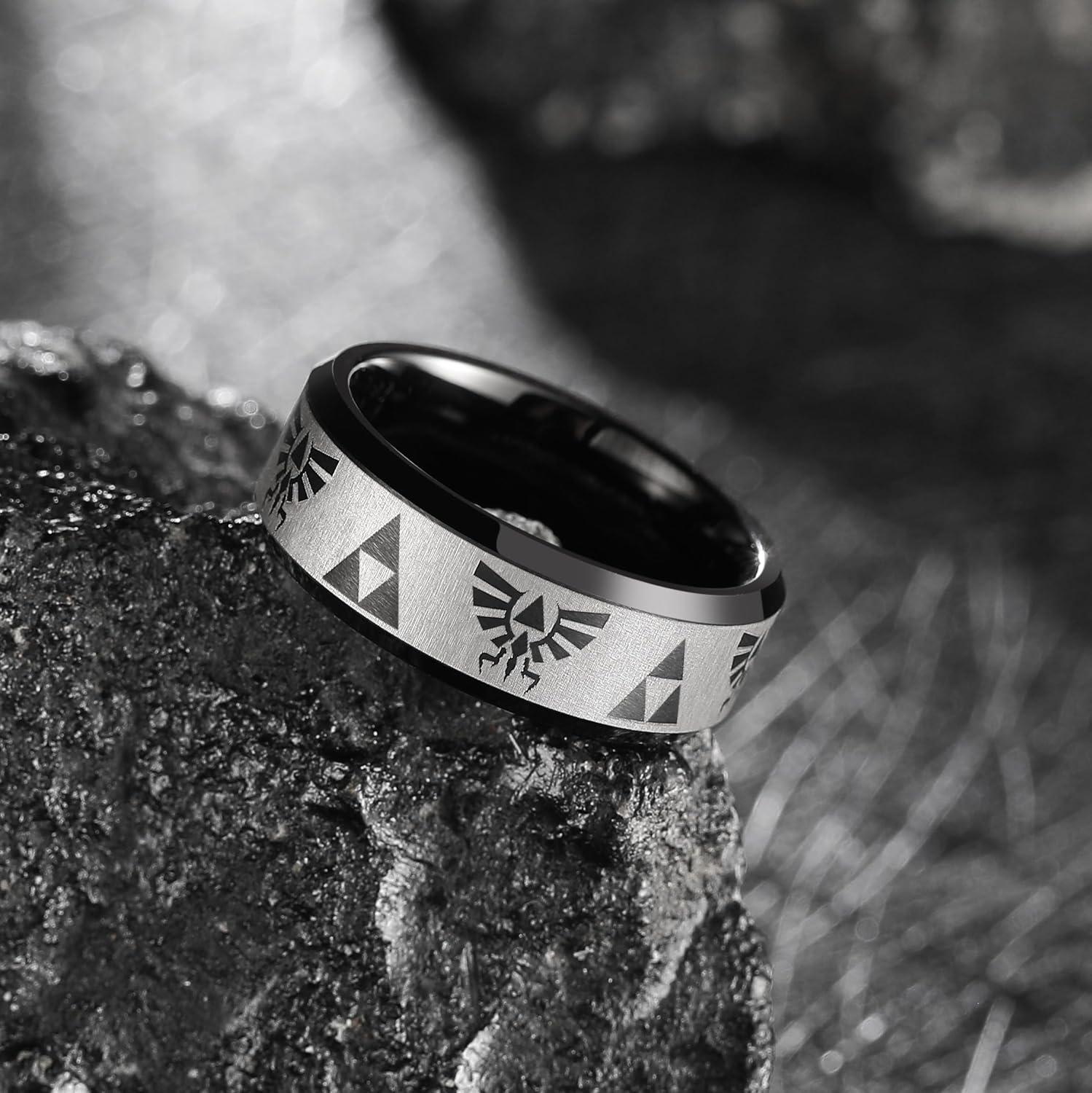 imageKing Will 8mm Mens BlackBlue Tungsten Carbide Wedding Ring GameThemed Laser Pattern Ring Matte Finished Plated Stepped Beveled EdgesBlack 8mm