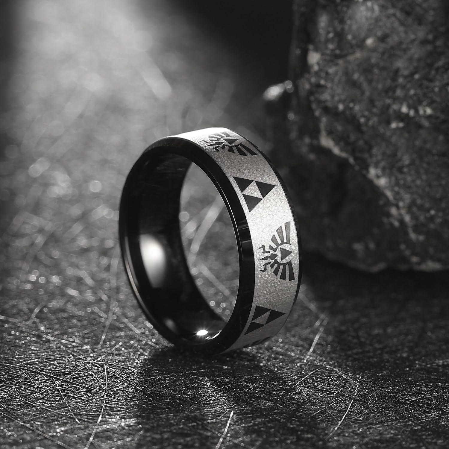 imageKing Will 8mm Mens BlackBlue Tungsten Carbide Wedding Ring GameThemed Laser Pattern Ring Matte Finished Plated Stepped Beveled EdgesBlack 8mm