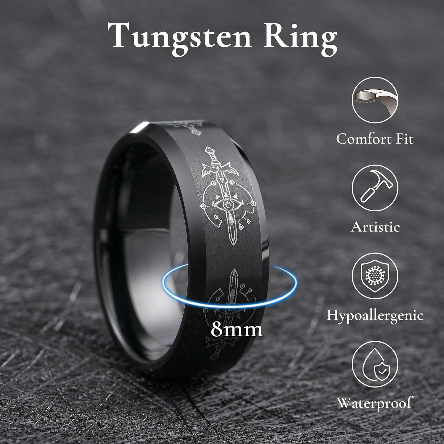 imageKing Will 8mm Mens BlackBlue Tungsten Carbide Wedding Ring GameThemed Laser Pattern Ring Matte Finished Plated Stepped Beveled EdgesBlackB