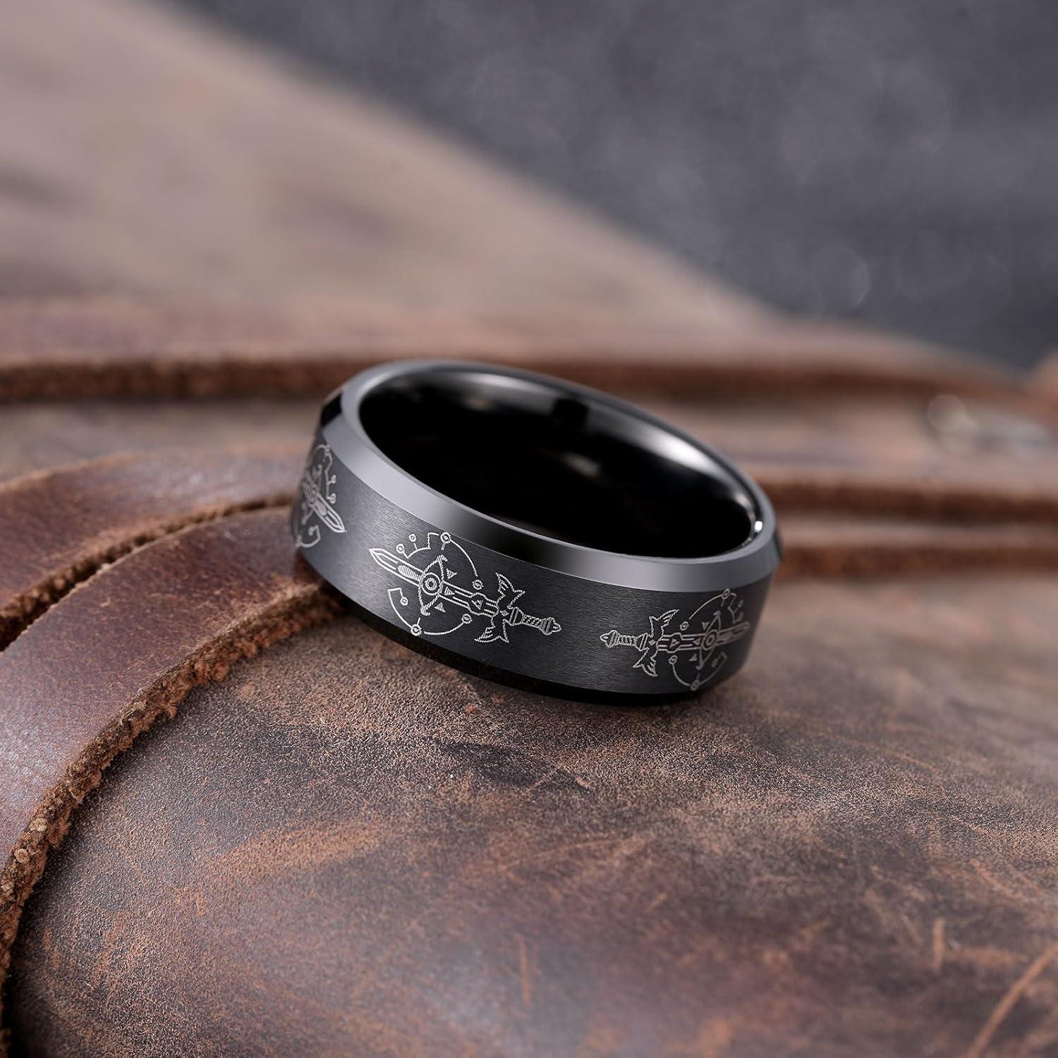 imageKing Will 8mm Mens BlackBlue Tungsten Carbide Wedding Ring GameThemed Laser Pattern Ring Matte Finished Plated Stepped Beveled EdgesBlackB