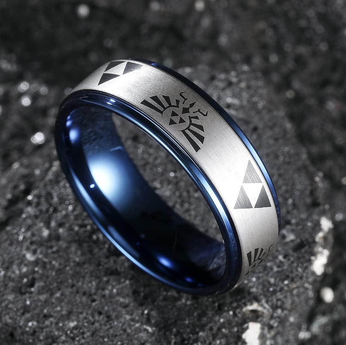 imageKing Will 8mm Mens BlackBlue Tungsten Carbide Wedding Ring GameThemed Laser Pattern Ring Matte Finished Plated Stepped Beveled EdgesBlue