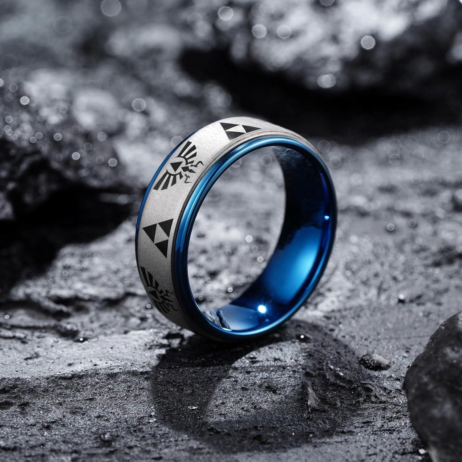 imageKing Will 8mm Mens BlackBlue Tungsten Carbide Wedding Ring GameThemed Laser Pattern Ring Matte Finished Plated Stepped Beveled EdgesBlue 8mm