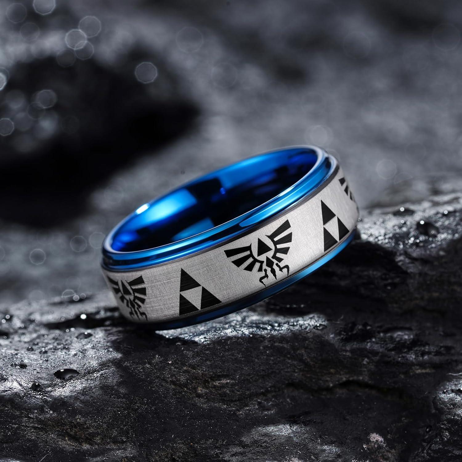 imageKing Will 8mm Mens BlackBlue Tungsten Carbide Wedding Ring GameThemed Laser Pattern Ring Matte Finished Plated Stepped Beveled EdgesBlue 8mm