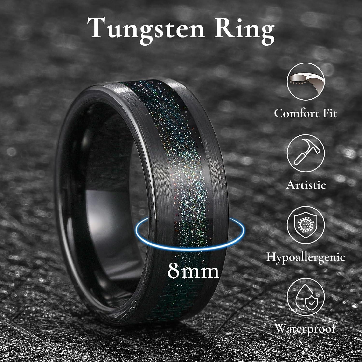 imageKing Will 8mm Mens Tungsten Wedding Band Gorgeous GoldenSilverBrown Flat Pipe Cut Carbide Ring YellowWhiteMocha Green Sand Inlay Mens Engagement Ring Matte Brushed Finish Comfort Fit Size 714BlackGreen Orange Sand Inlay