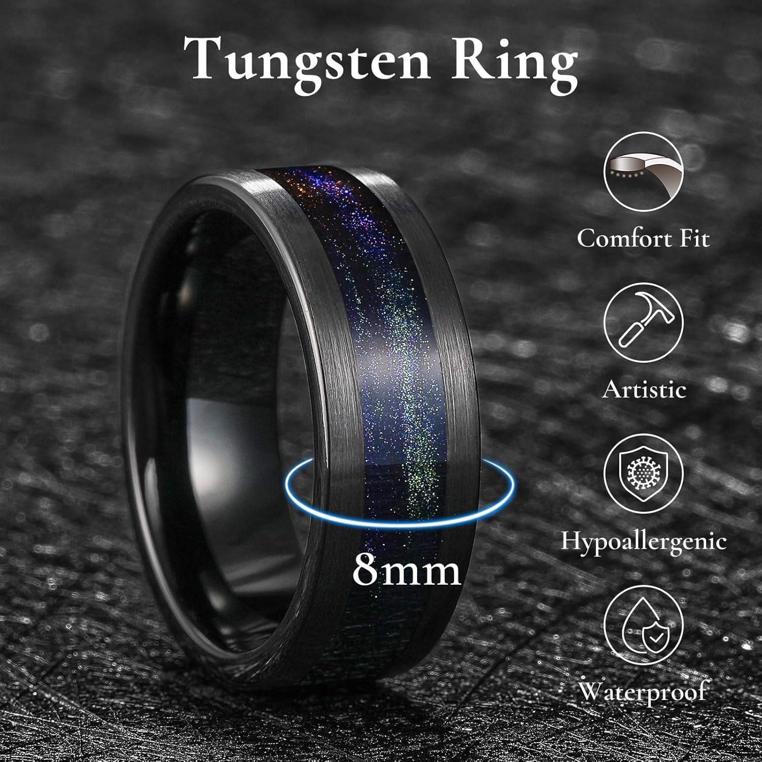 imageKing Will 8mm Mens Tungsten Wedding Band Gorgeous GoldenSilverBrown Flat Pipe Cut Carbide Ring YellowWhiteMocha Green Sand Inlay Mens Engagement Ring Matte Brushed Finish Comfort Fit Size 714BlackPurple Blue Green Sand Inlay