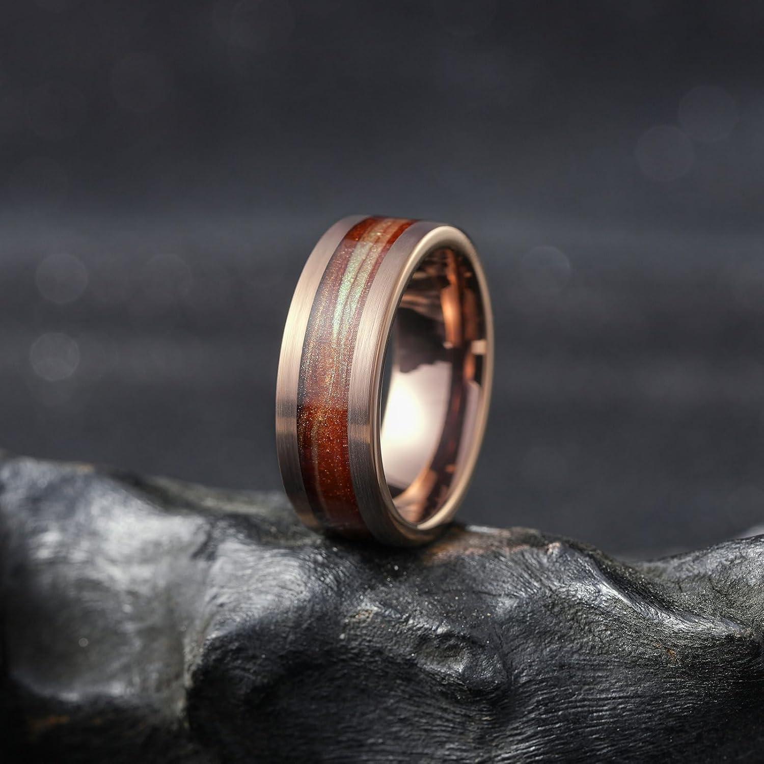 imageKing Will 8mm Mens Tungsten Wedding Band Gorgeous GoldenSilverBrown Flat Pipe Cut Carbide Ring YellowWhiteMocha Green Sand Inlay Mens Engagement Ring Matte Brushed Finish Comfort Fit Size 714Brown