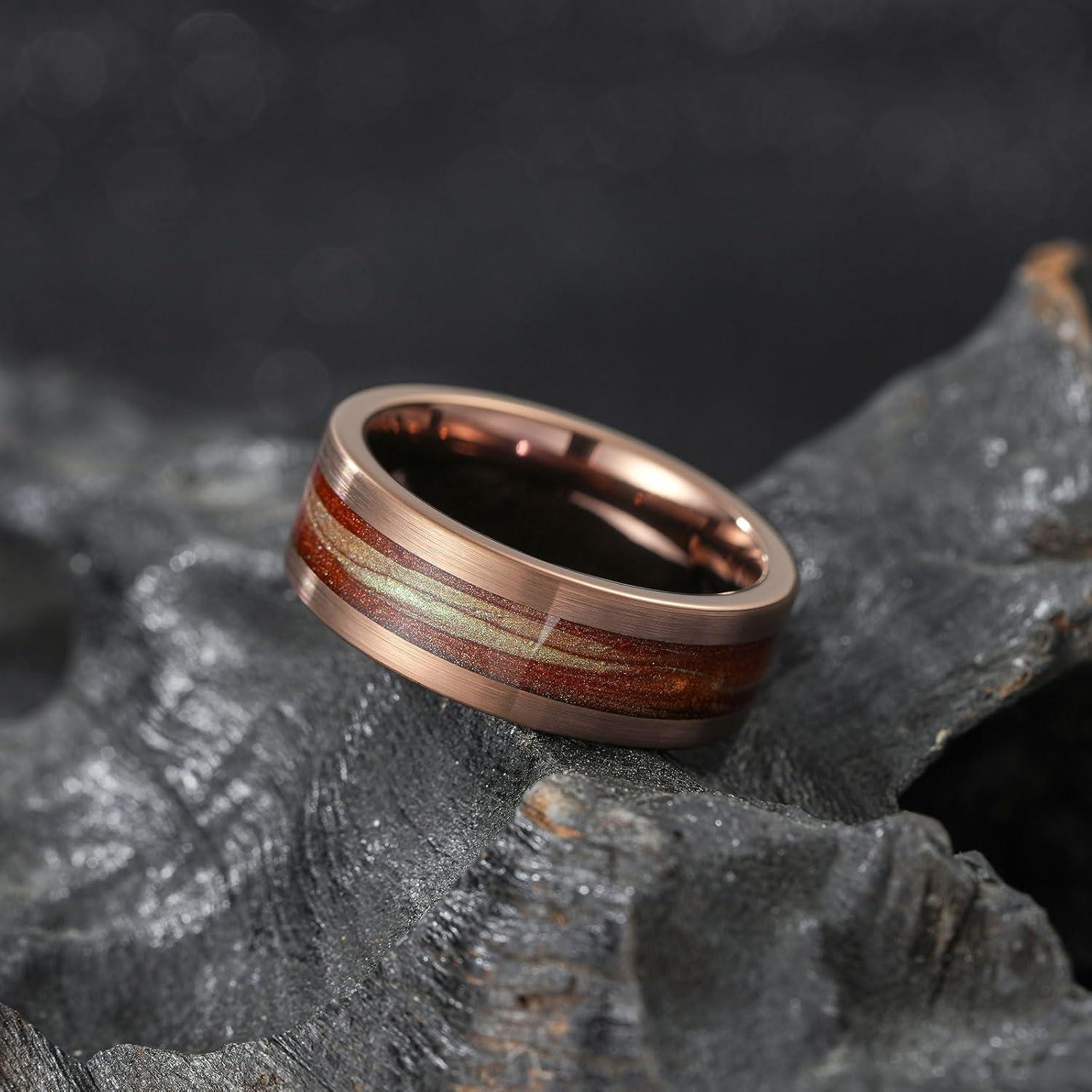 imageKing Will 8mm Mens Tungsten Wedding Band Gorgeous GoldenSilverBrown Flat Pipe Cut Carbide Ring YellowWhiteMocha Green Sand Inlay Mens Engagement Ring Matte Brushed Finish Comfort Fit Size 714Brown