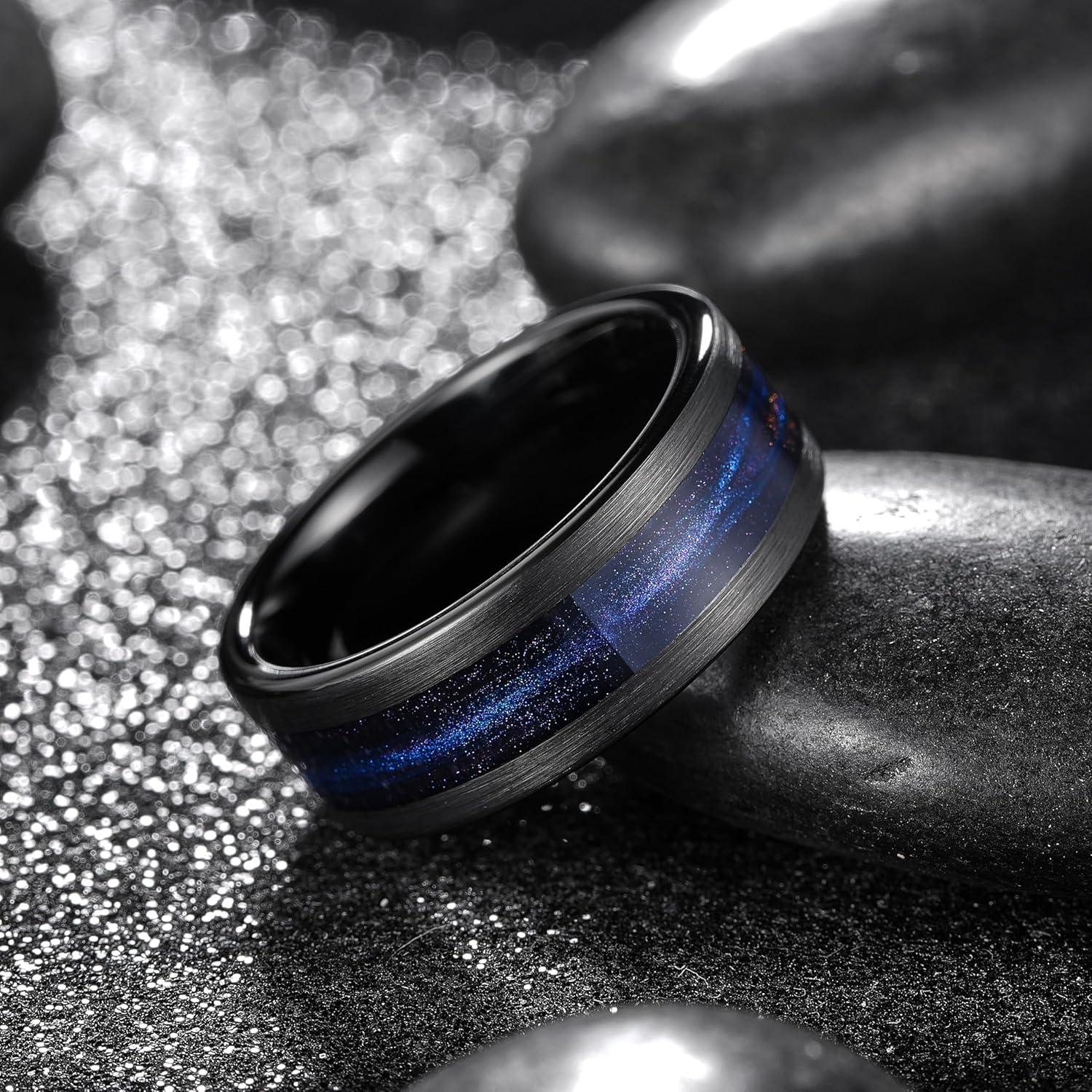 imageKing Will 8mm Mens Tungsten Wedding Band Gorgeous GoldenSilverBrown Flat Pipe Cut Carbide Ring YellowWhiteMocha Green Sand Inlay Mens Engagement Ring Matte Brushed Finish Comfort Fit Size 714BlackPurple Blue Sand Inlay