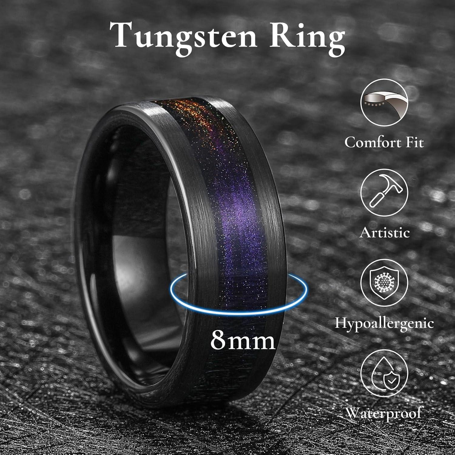 imageKing Will 8mm Mens Tungsten Wedding Band Gorgeous GoldenSilverBrown Flat Pipe Cut Carbide Ring YellowWhiteMocha Green Sand Inlay Mens Engagement Ring Matte Brushed Finish Comfort Fit Size 714BlackPurple Orange Sand Inlay