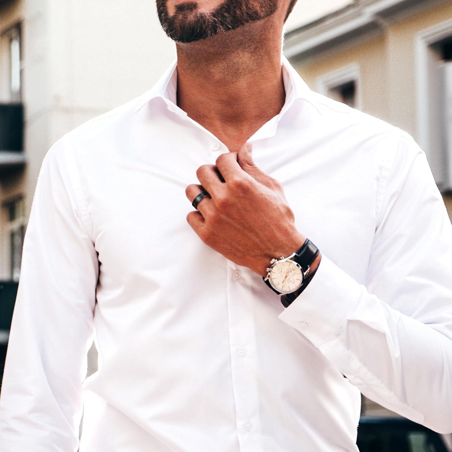 imageKing Will 8mm Mens Tungsten Wedding Band Gorgeous GoldenSilverBrown Flat Pipe Cut Carbide Ring YellowWhiteMocha Green Sand Inlay Mens Engagement Ring Matte Brushed Finish Comfort Fit Size 714BlackPurple Blue Green Sand Inlay