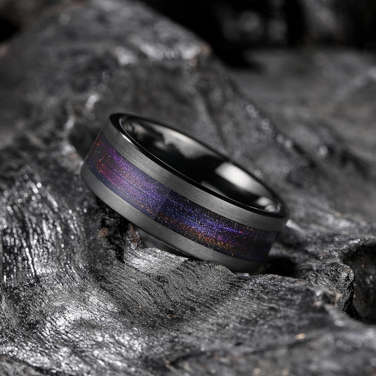 imageKing Will 8mm Mens Tungsten Wedding Band Gorgeous GoldenSilverBrown Flat Pipe Cut Carbide Ring YellowWhiteMocha Green Sand Inlay Mens Engagement Ring Matte Brushed Finish Comfort Fit Size 714BlackPurple Orange Sand Inlay